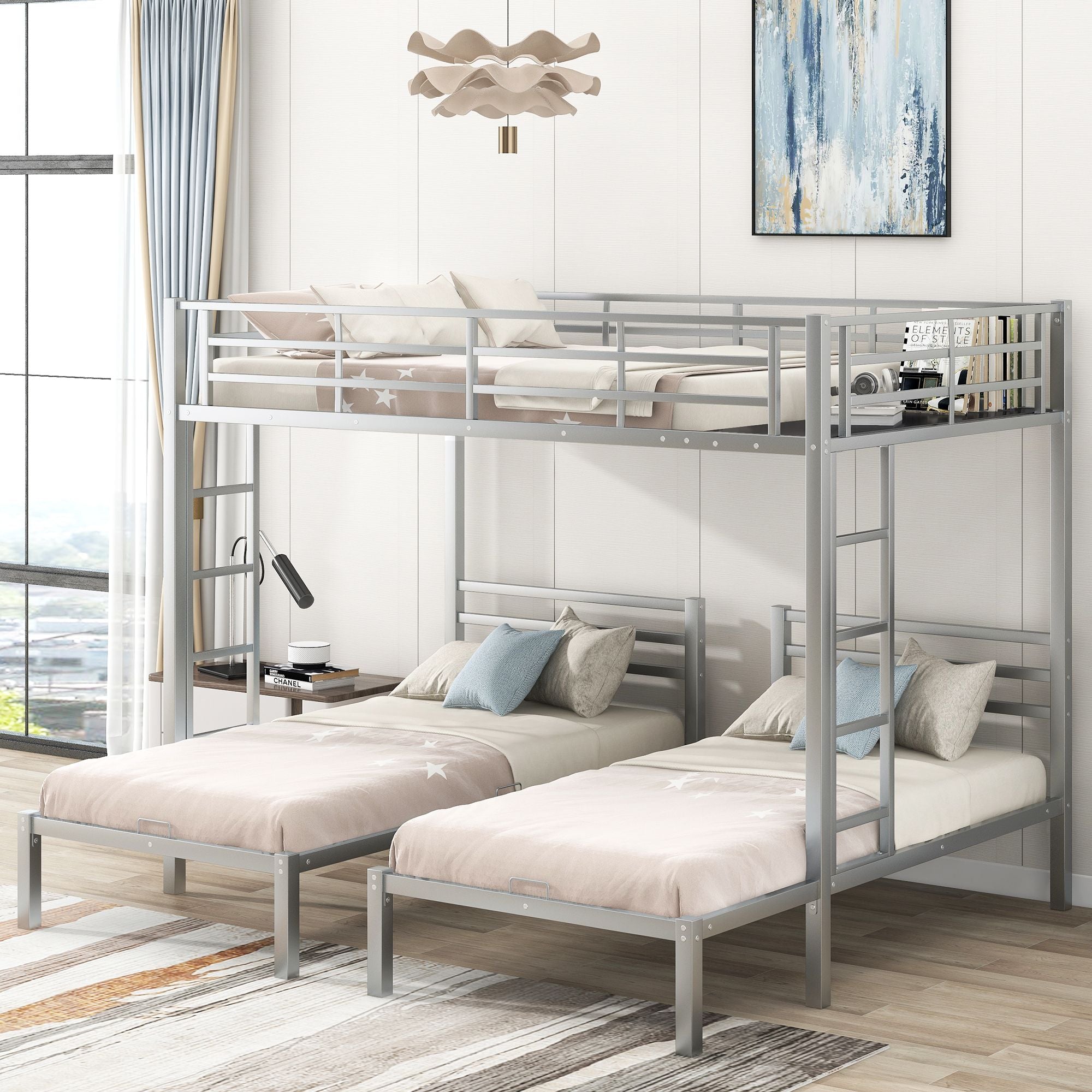 Full over Twin&Twin Size Bunk Metal Bed with Built-in Shelf