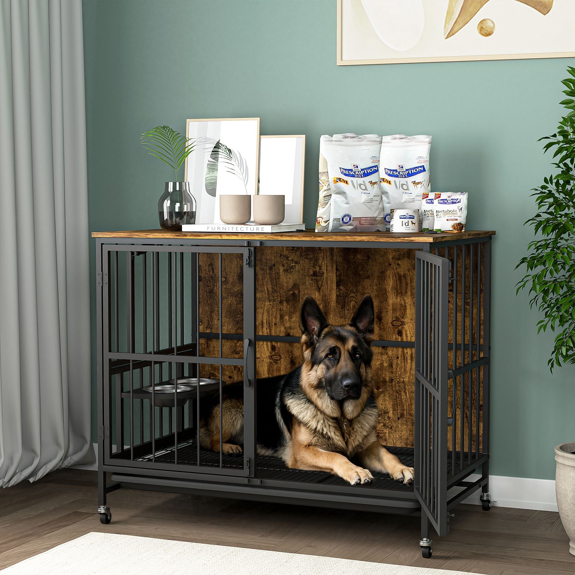 Modern Kennel Dogs room up to 80 LB, Dog crate furniture with Multi-Purpose Rremovable Ttray, Double-Door Dog House, lift Panel, 360 Degree Rotation -3 Height Adjustable Feeding Bowls