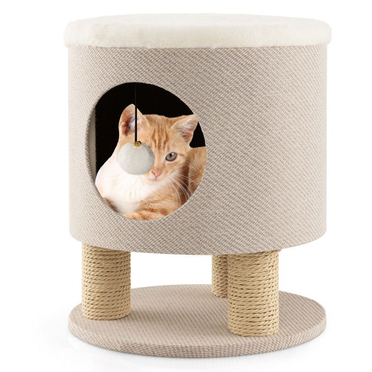 3-in-1 Cat Condo Stool Kitty Bed with Scratching Posts and Plush Ball Toy