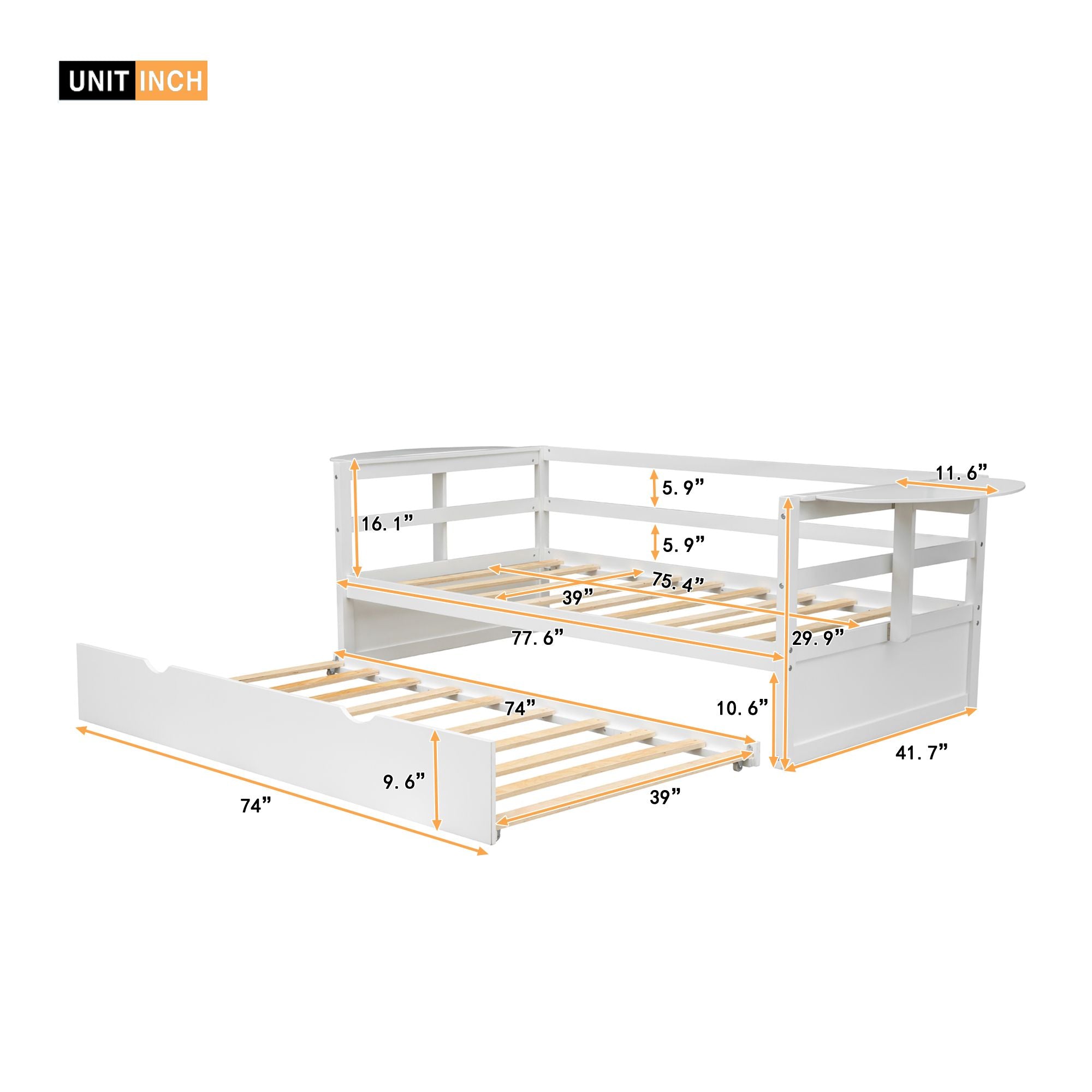 Twin Size Daybed with Trundle and Foldable Shelves on Both Sides