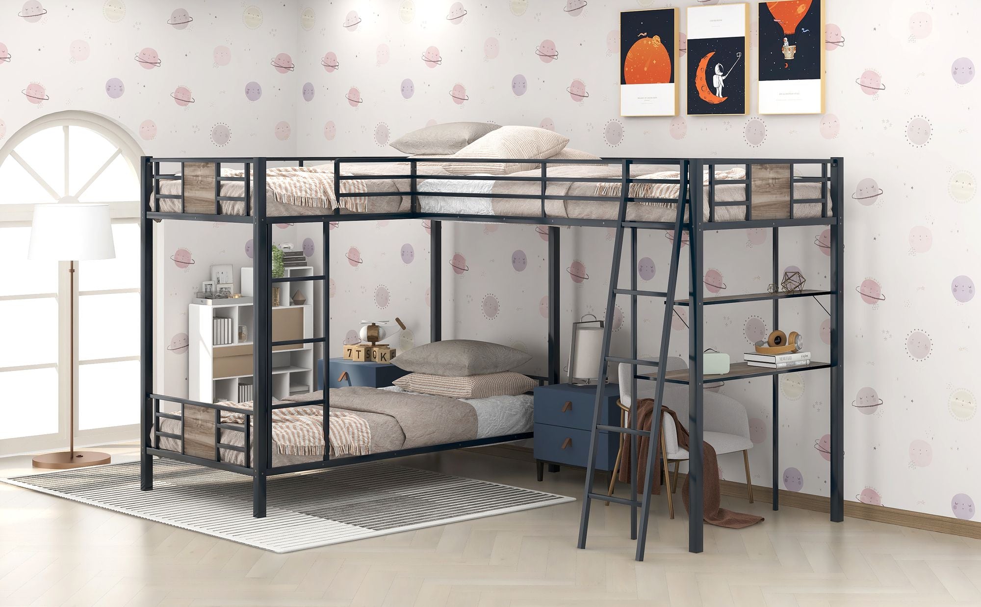 L-Shaped Twin over Twin Bunk Bed with Twin Size Loft Bed with Desk and Shelf