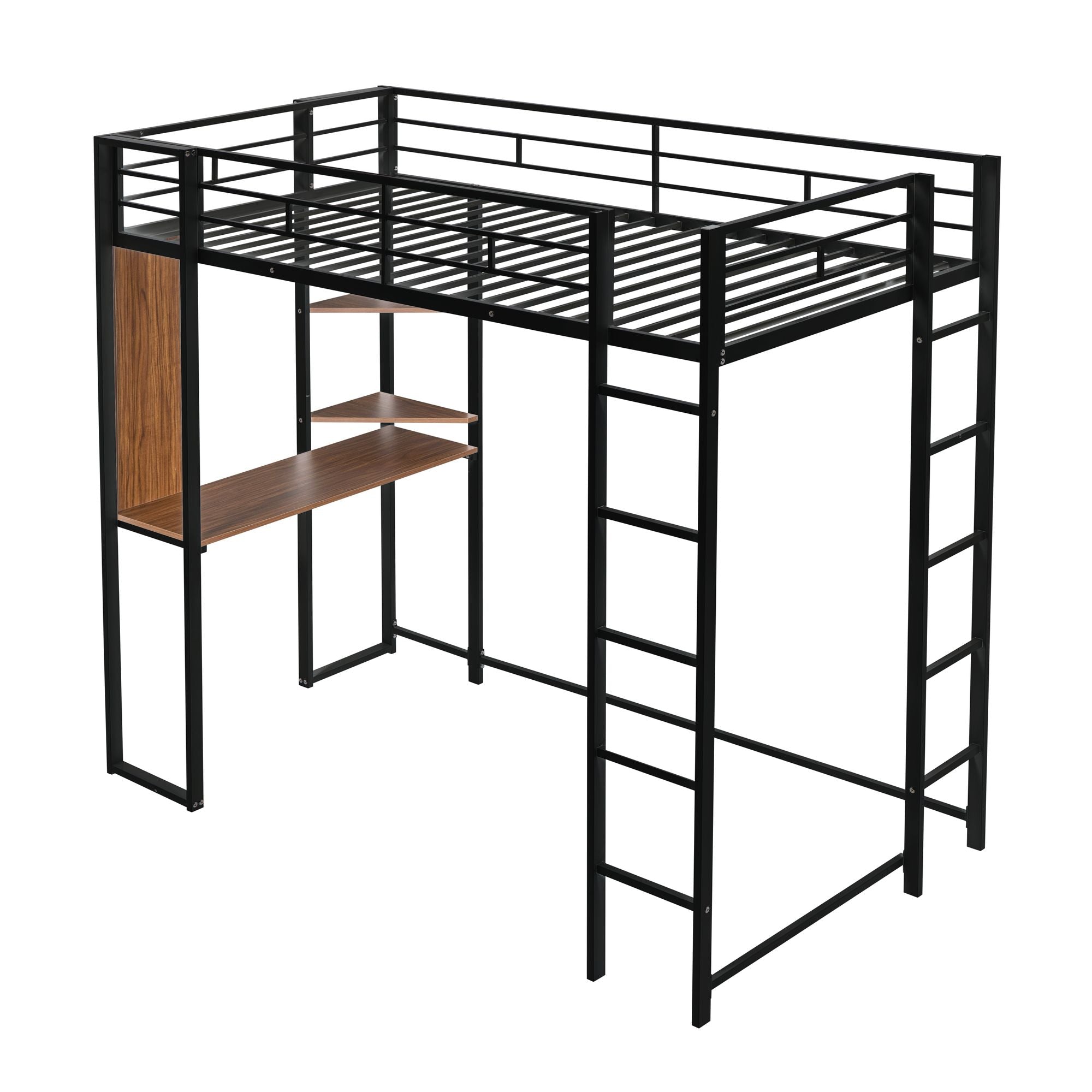 Twin Metal Loft Bed with 2 Shelves and one Desk