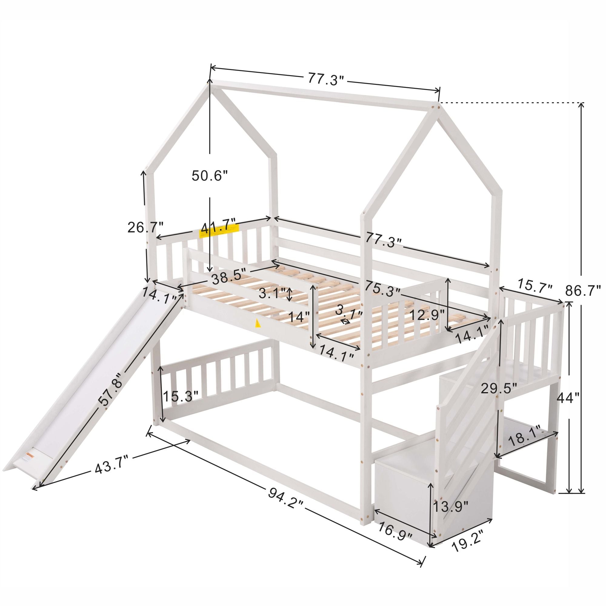 Twin over Twin House Bunk Bed with Convertible Slide; Storage Staircase