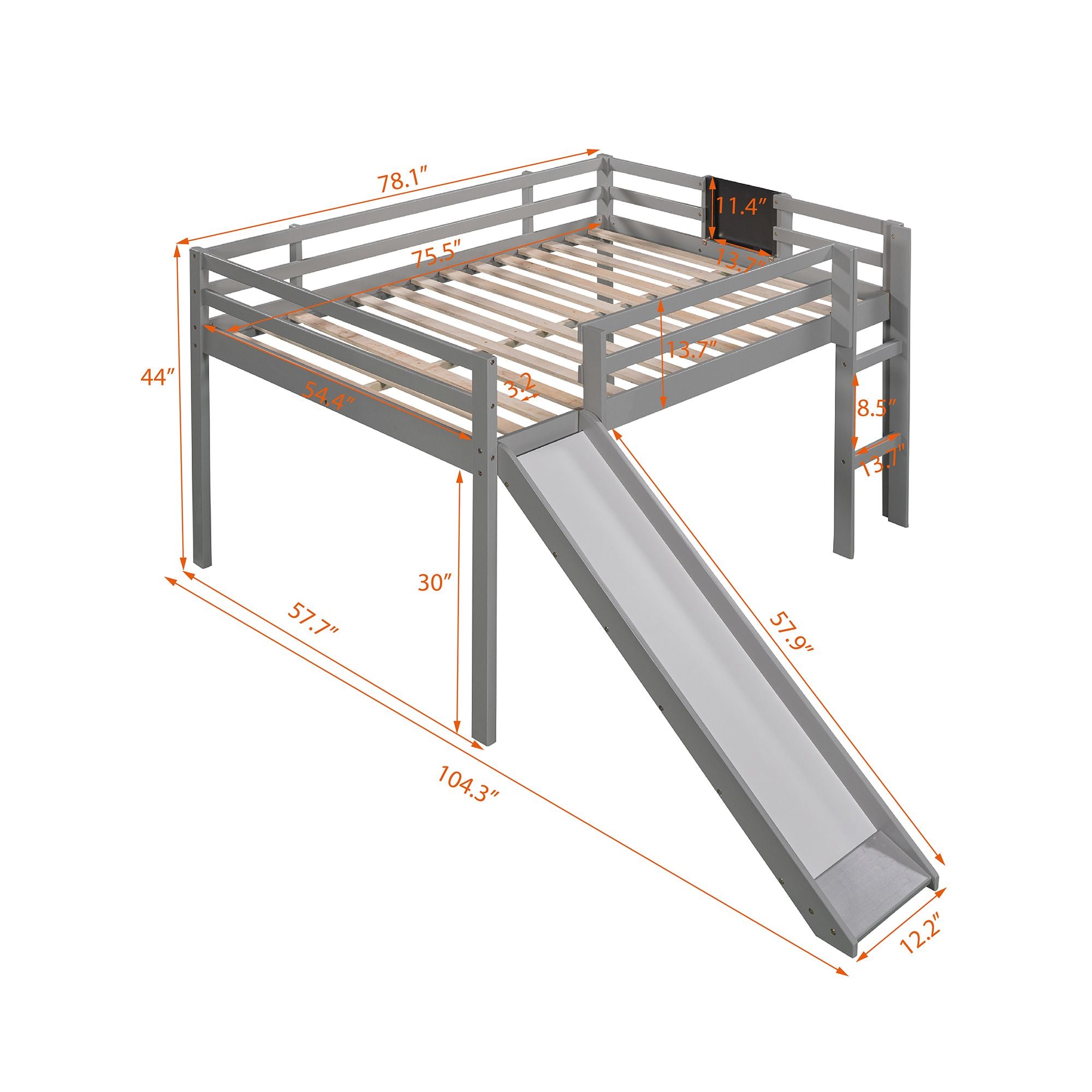 Full size Loft Bed Wood Bed with Slide;  Stair and Chalkboard