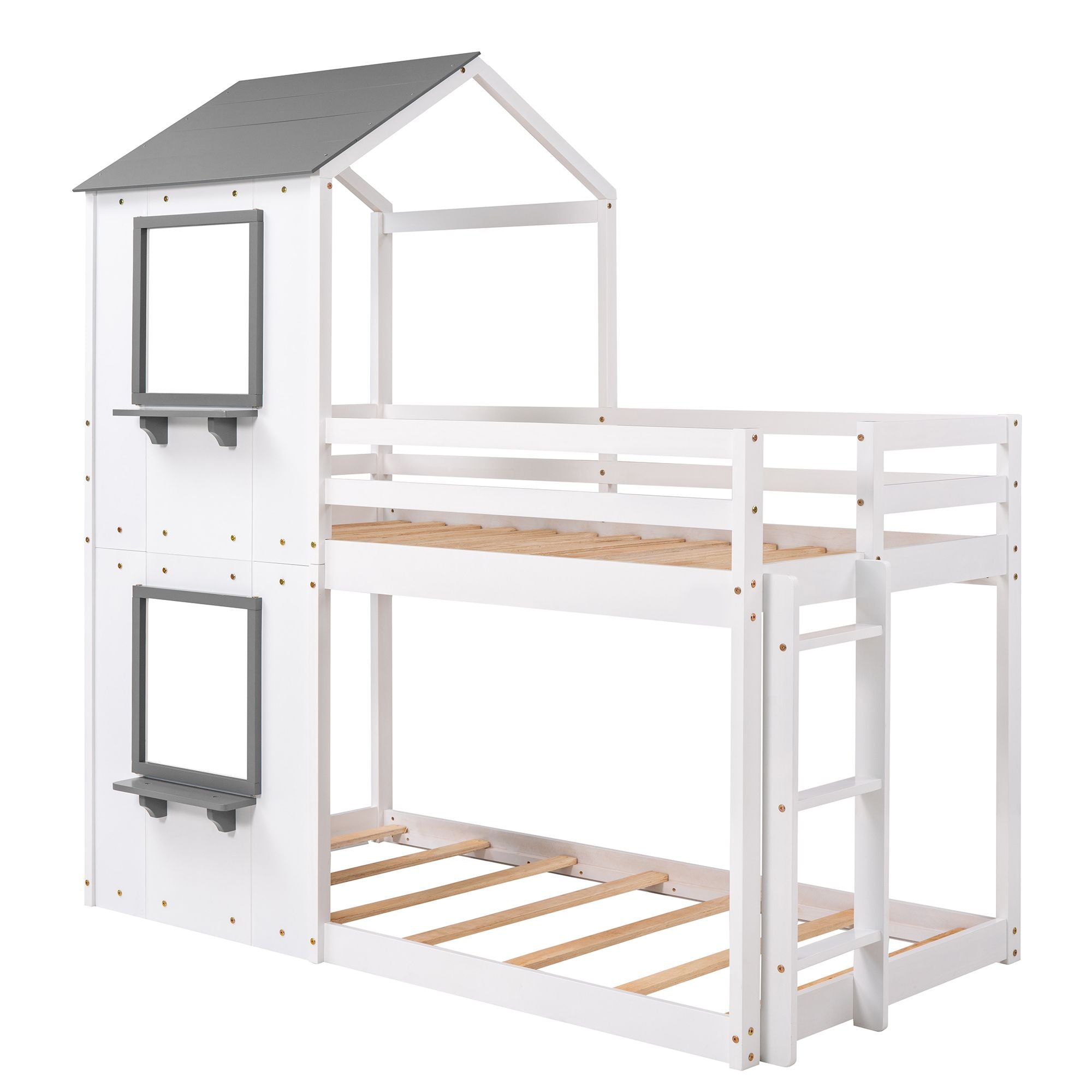 Twin Over Twin Bunk Bed Wood Bed with Roof;  Window;  Guardrail;  Ladder