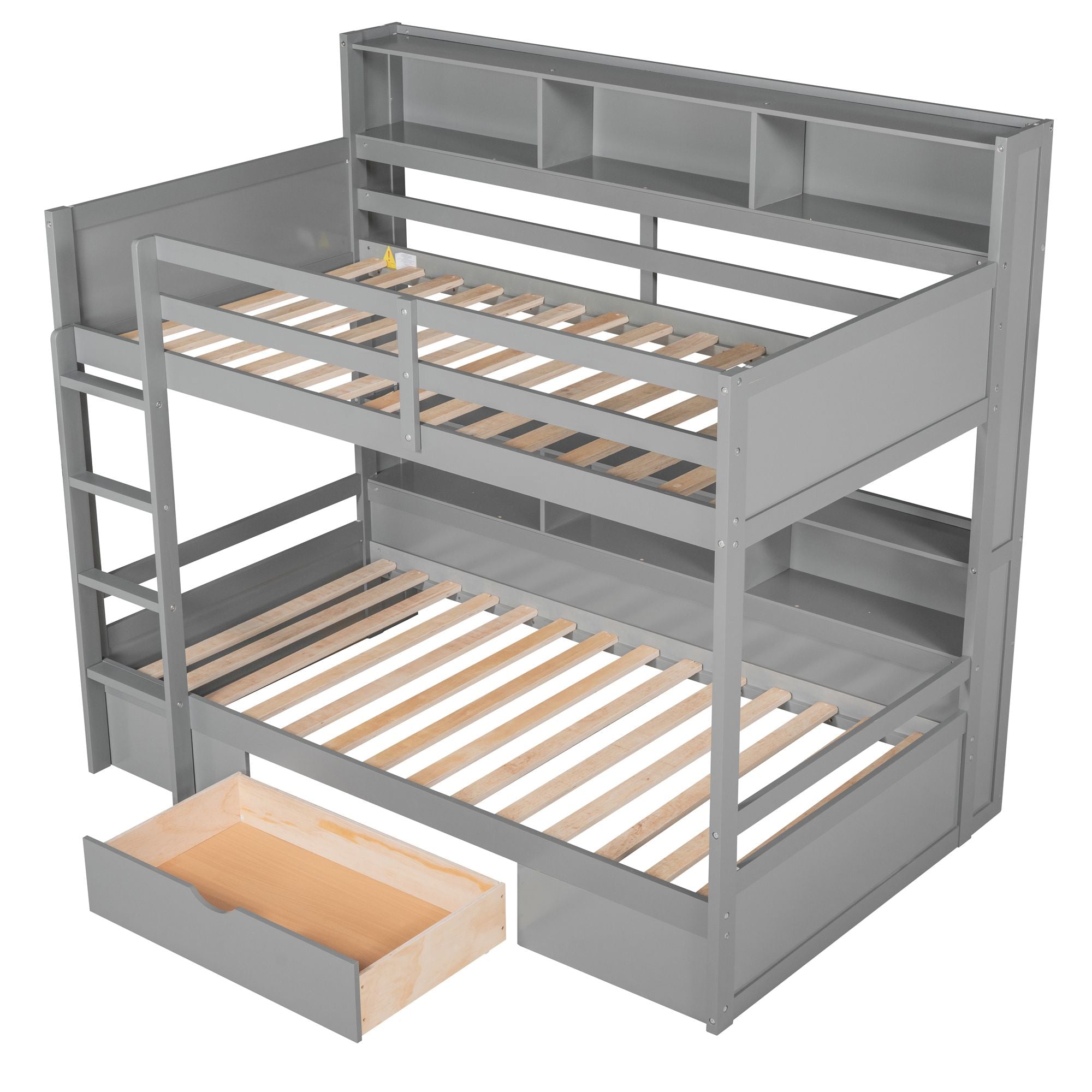 Twin Size Bunk Bed with Built-in Shelves Beside both Upper and Down Bed and Storage Drawe