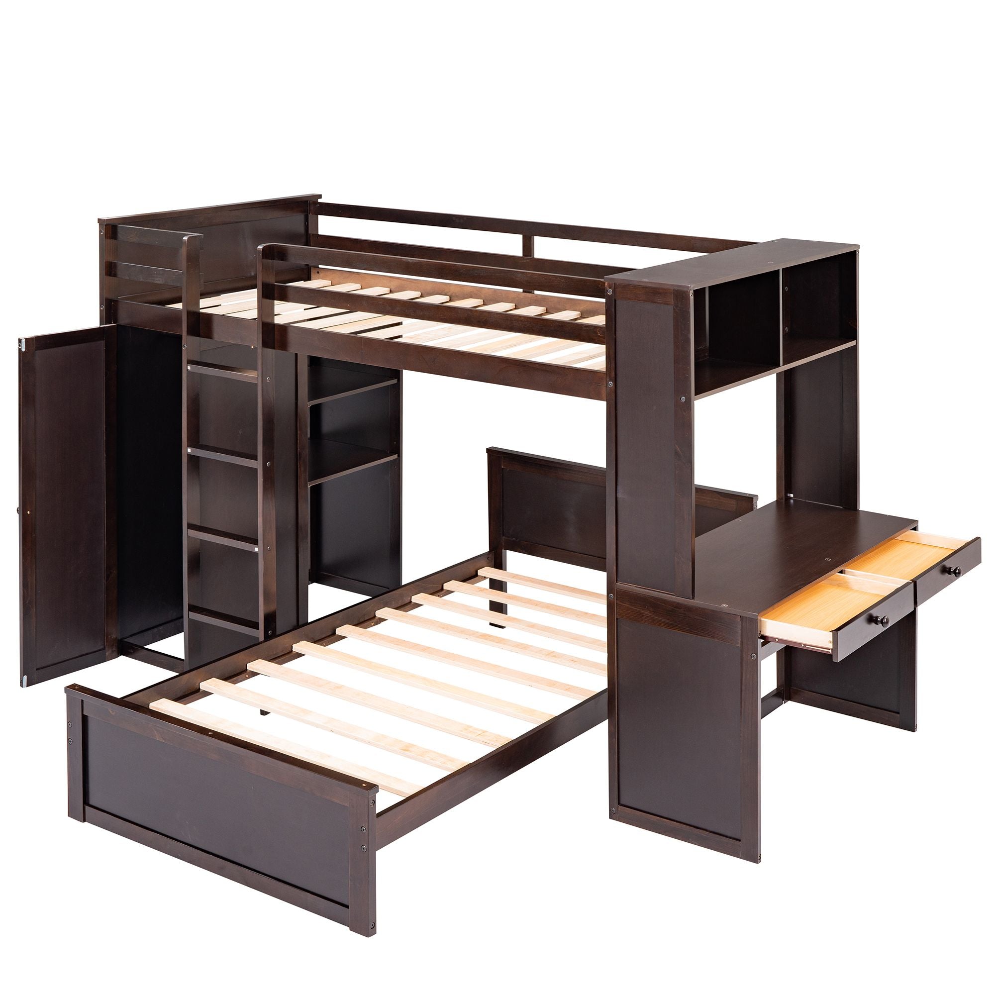 Twin size Loft Bed with a Stand-alone bed;  Shelves; Desk; and Wardrobe