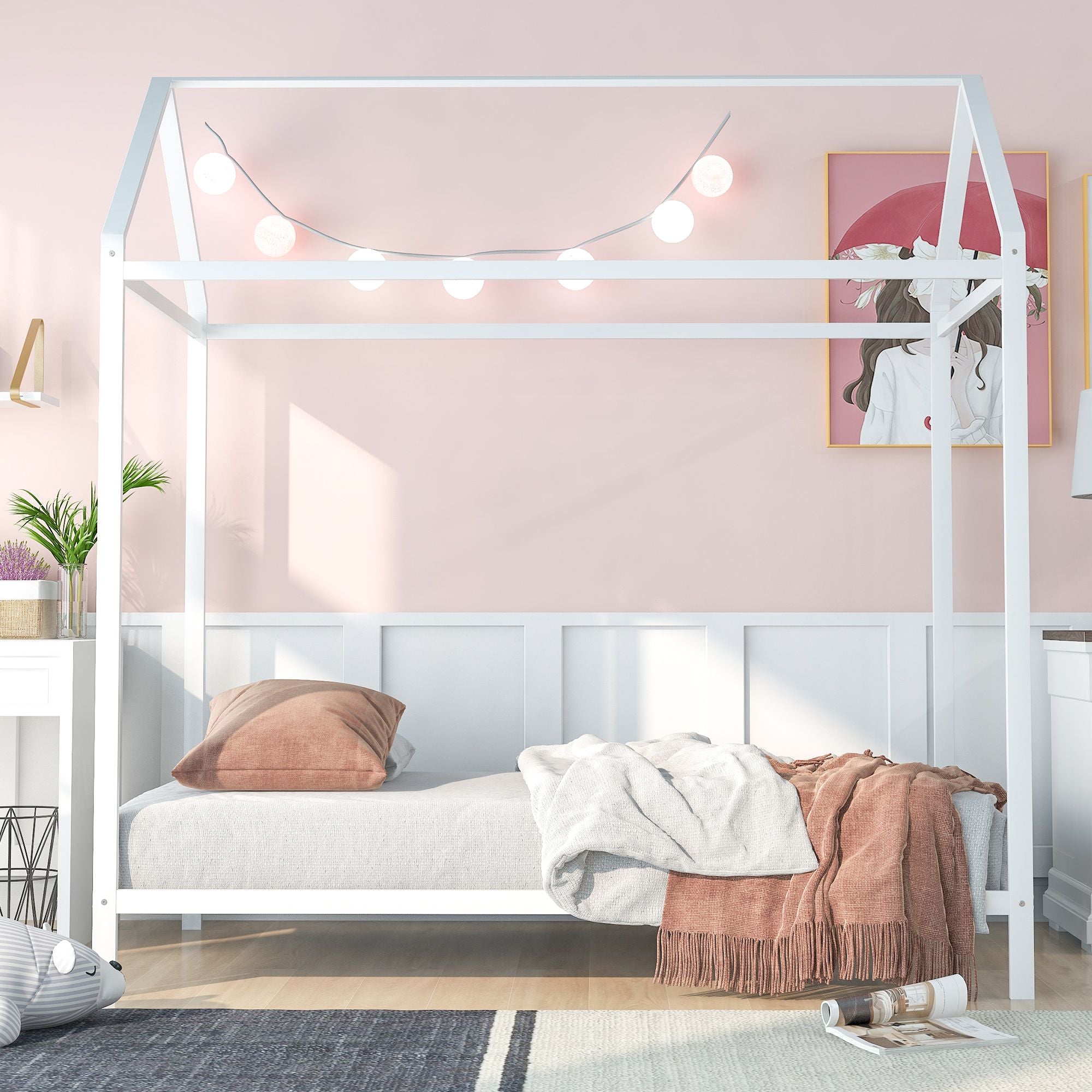 House Bed Frame Twin Size ;  Kids Bed Frame Metal Platform Bed Floor Bed for Kids Boys Girls No Box Spring Needed