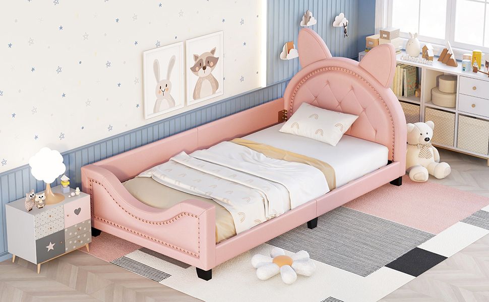 Twin Size Upholstered Daybed with Carton Ears Shaped Headboard