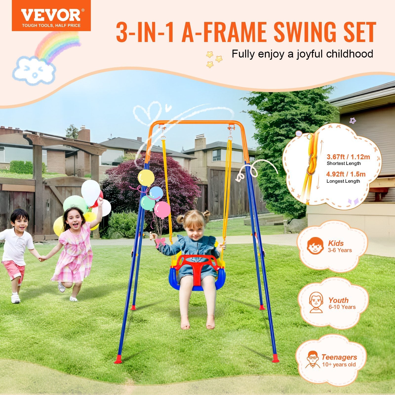 3-in-1 Toddler Swing Set with 4 Sandbags – Adjustable A-Frame Design for Kids Age 3-10, Foldable and Easy to Store