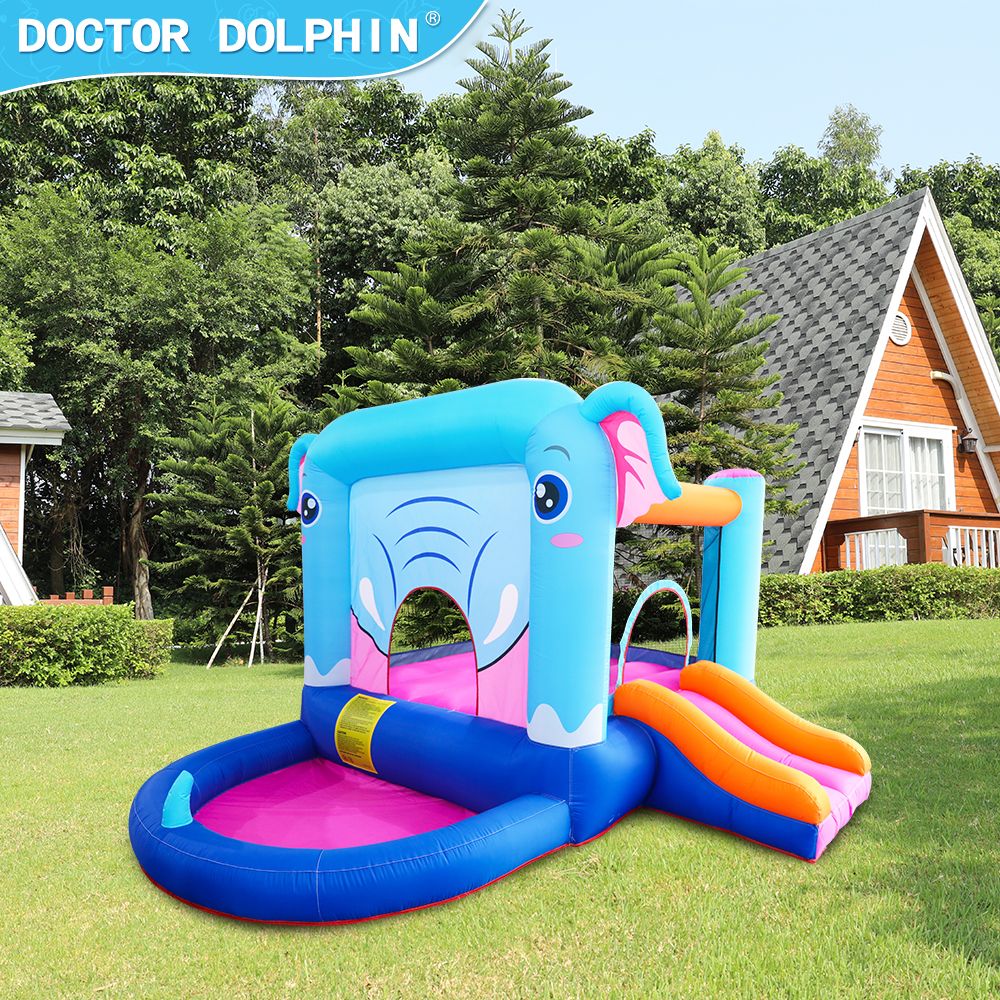 Elephant Inflatable Castle Blue Bounce House w/ Slide Ball Pool and 350W Blower