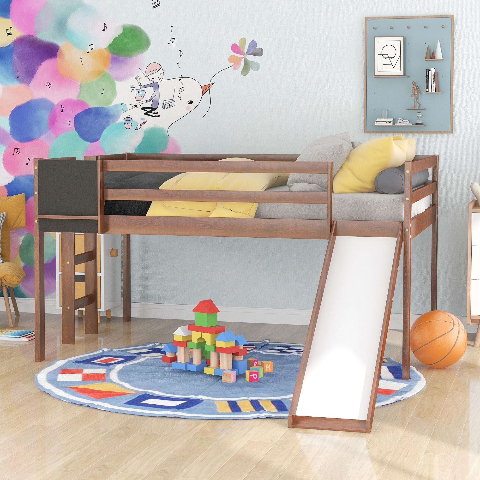 Full size Loft Bed Wood Bed with Slide;  Stair and Chalkboard