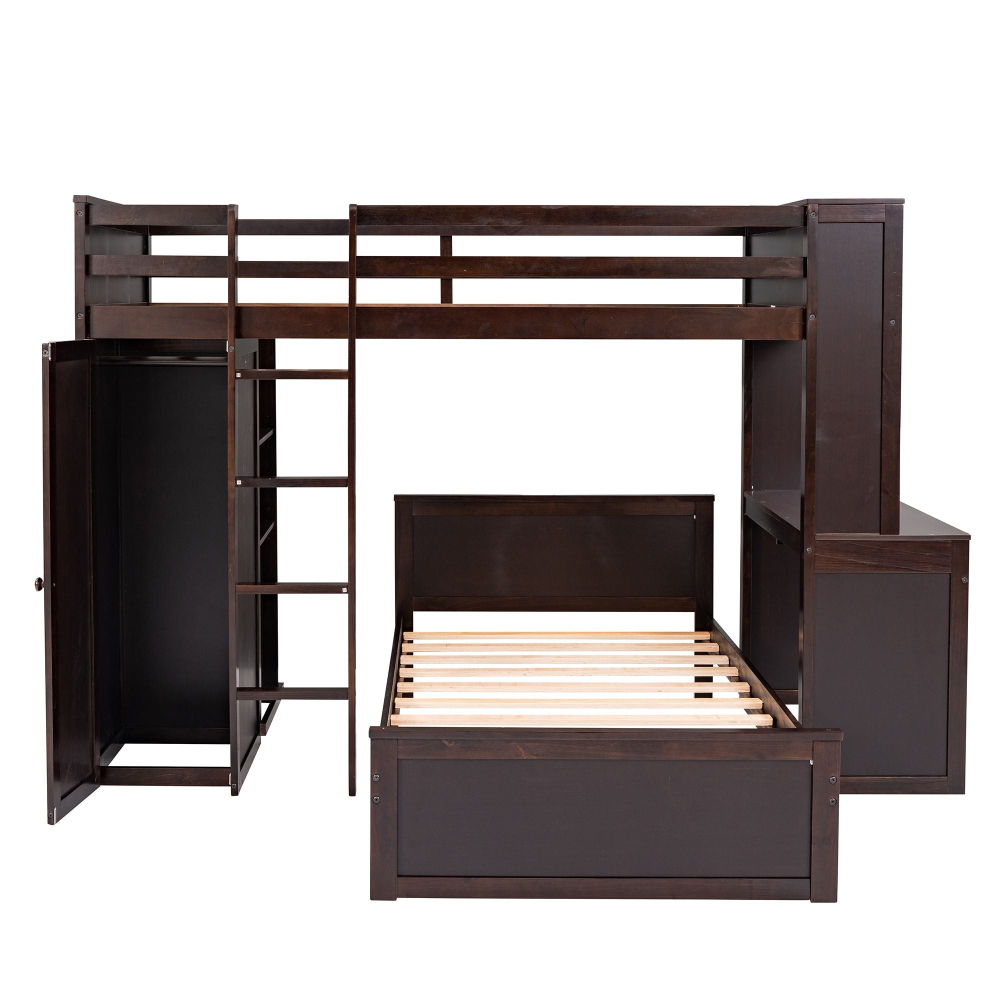 Twin size Loft Bed with a Stand-alone bed;  Shelves; Desk; and Wardrobe