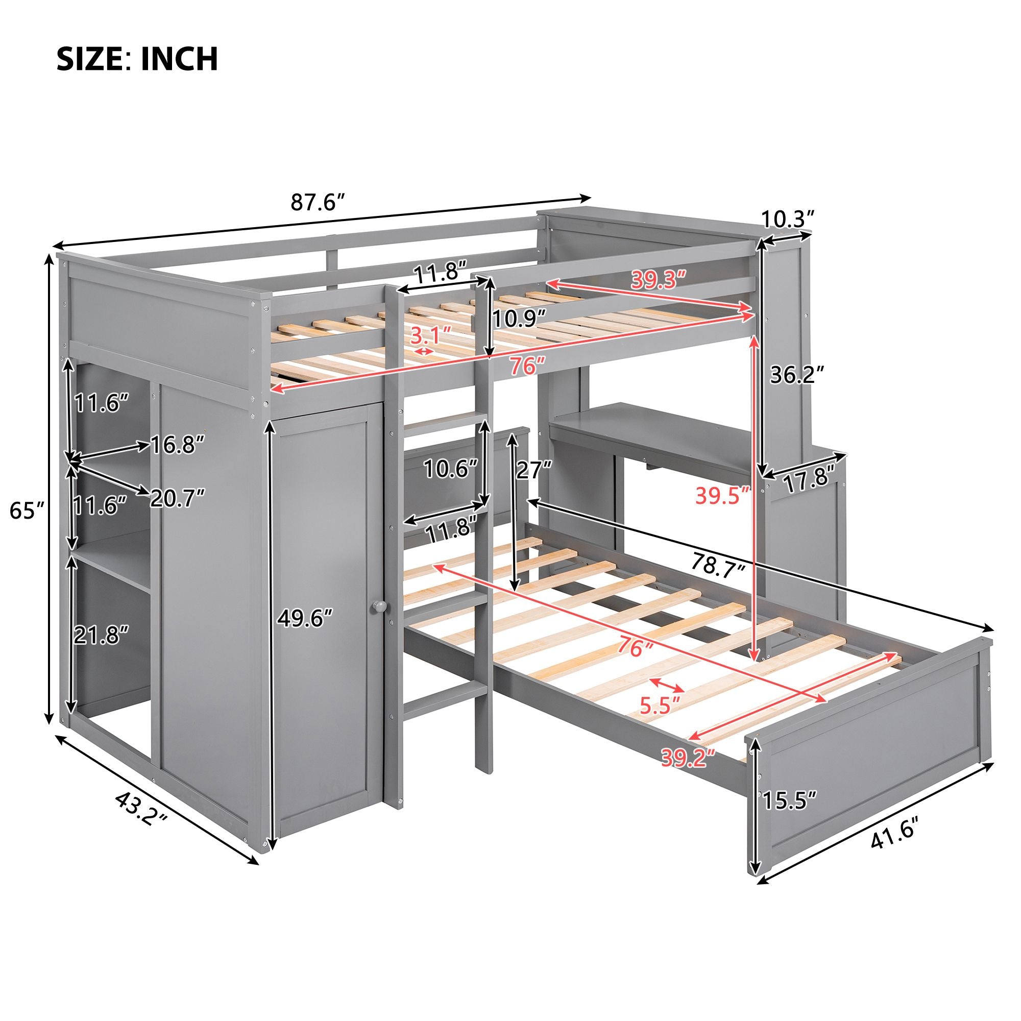 Twin size Loft Bed with a Stand-alone bed;  Shelves; Desk; and Wardrobe