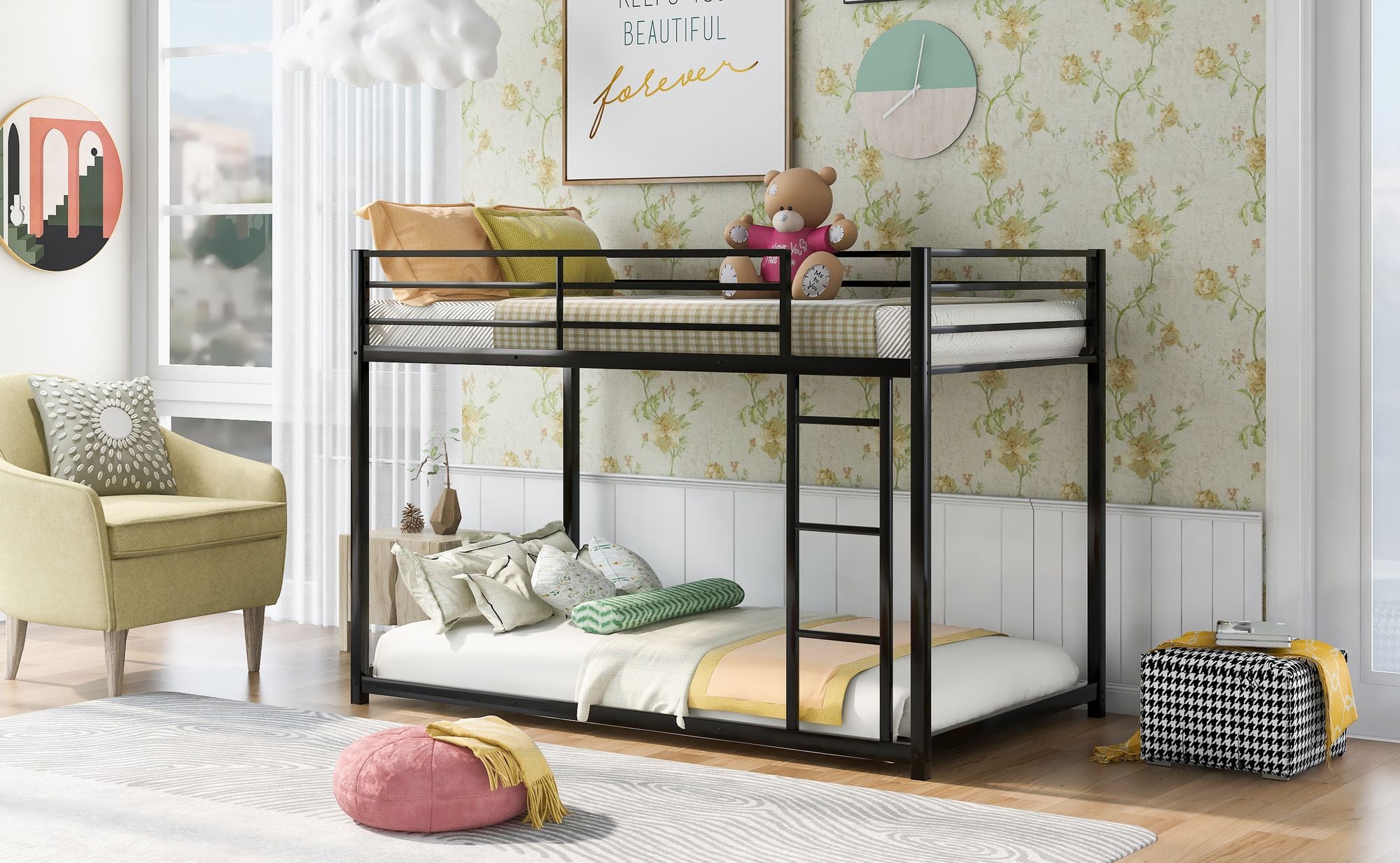 Twin over Twin Metal Bunk Bed;  Low Bunk Bed with Ladder