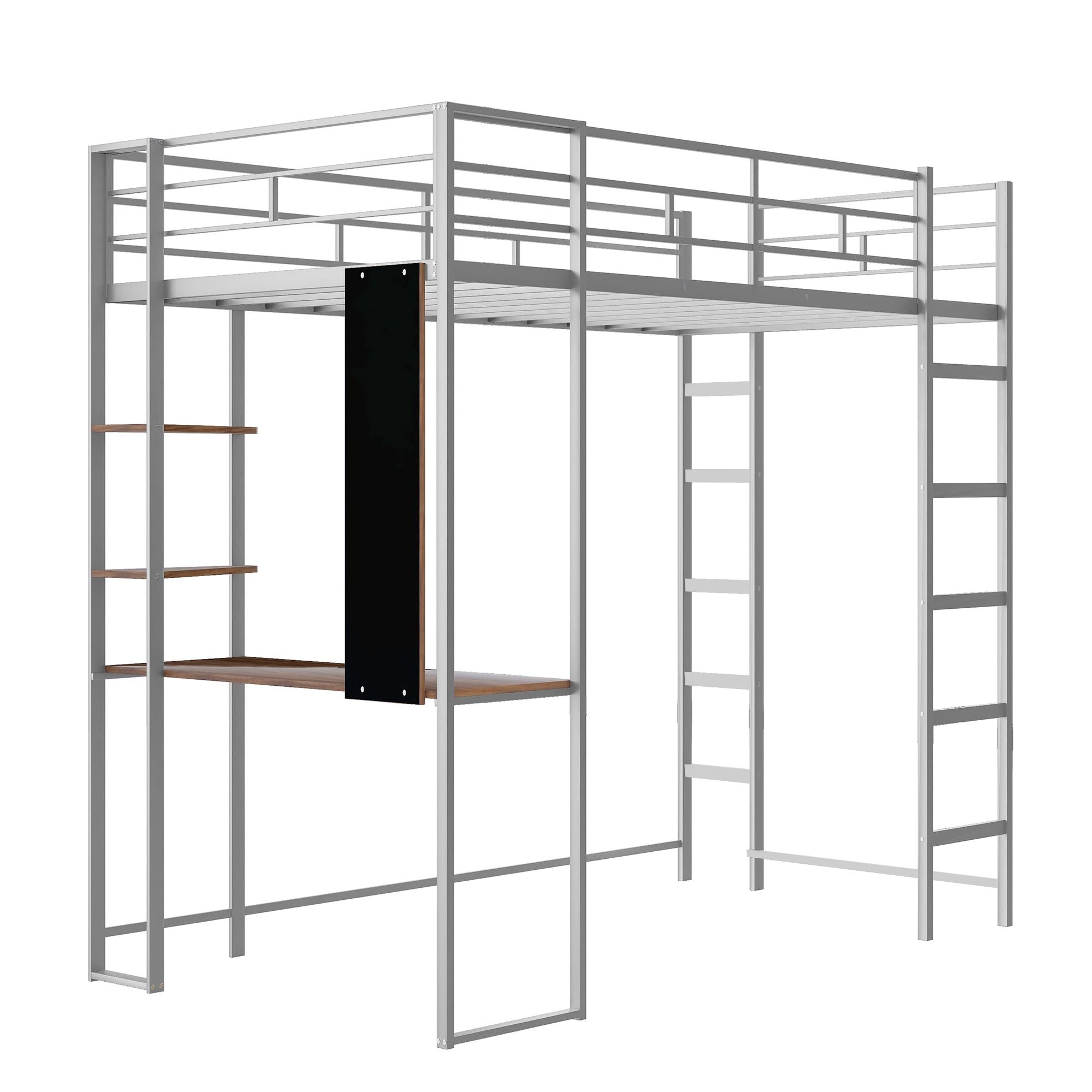 Twin Metal Loft Bed with 2 Shelves and one Desk