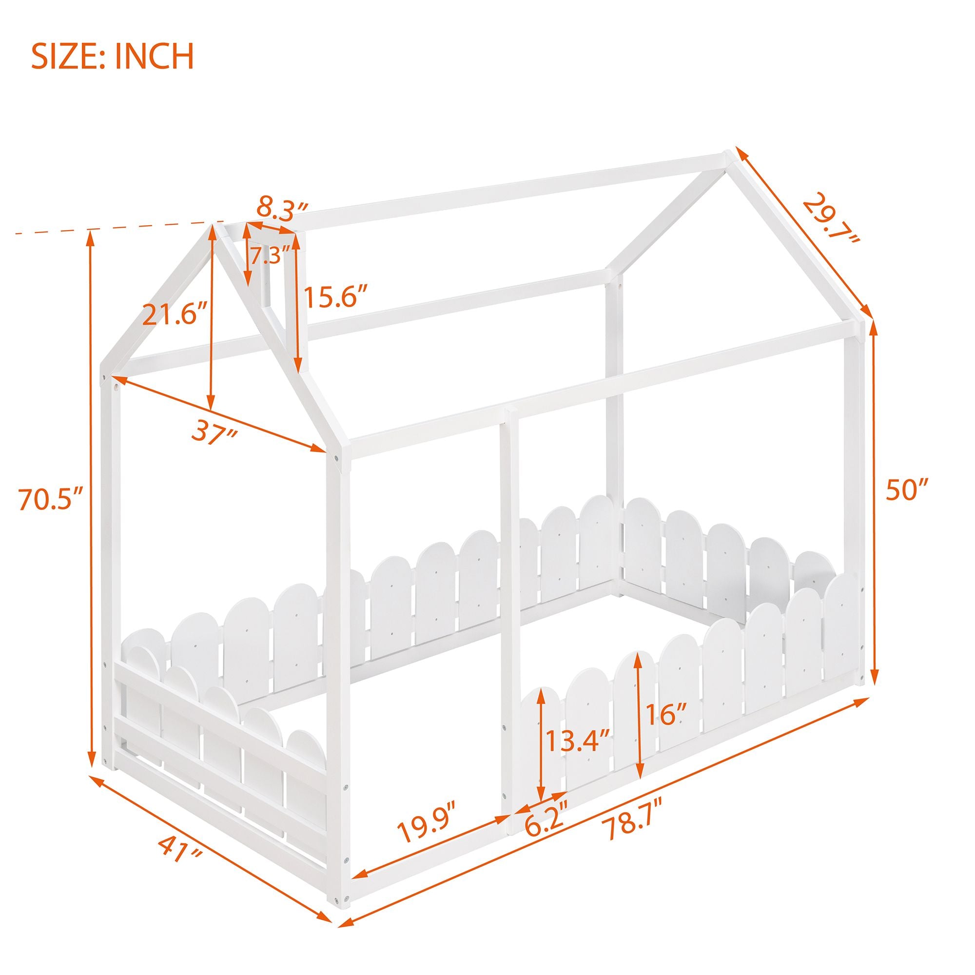 (Slats are not included) Twin Size Wood Bed House Bed Frame with Fence;  for Kids;  Teens;  Girls;  Boys