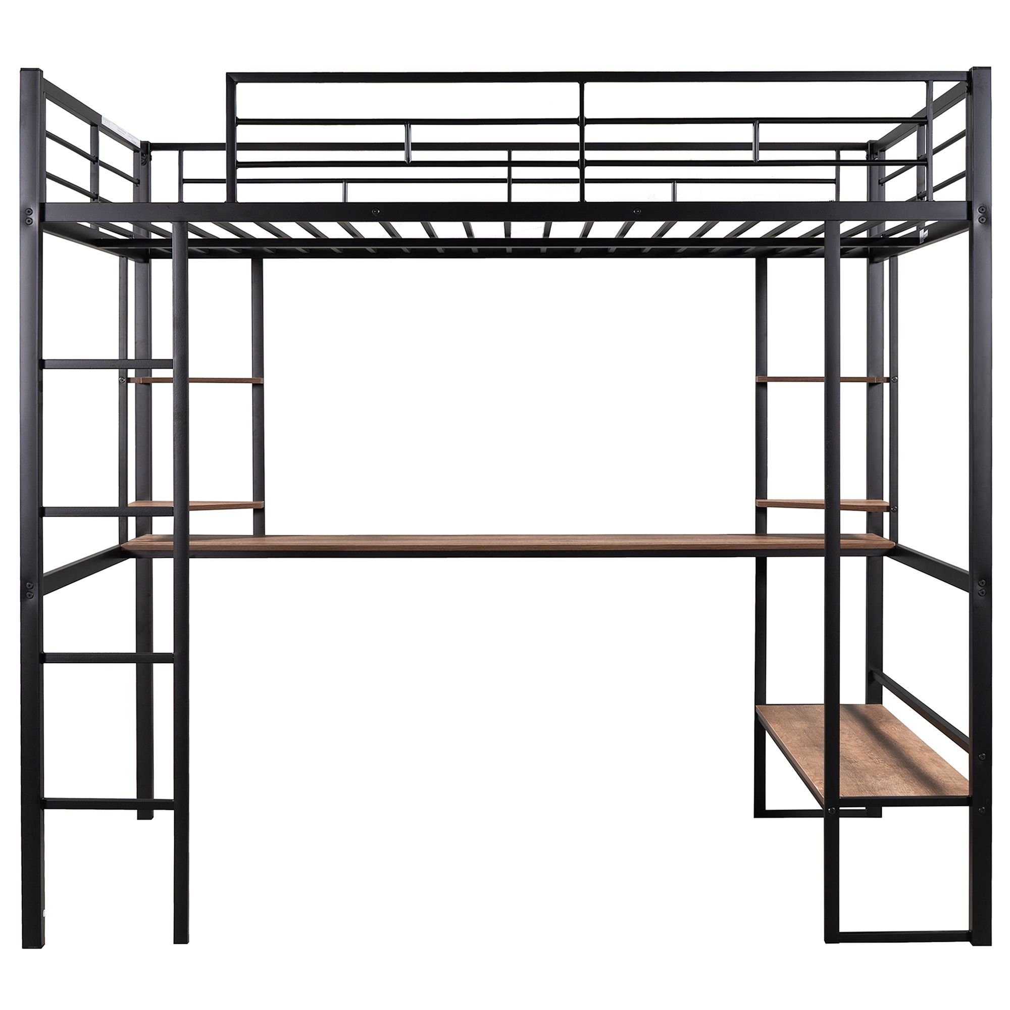 Full Size Loft Metal&MDF Bed with Long Desk and Shelves; Black