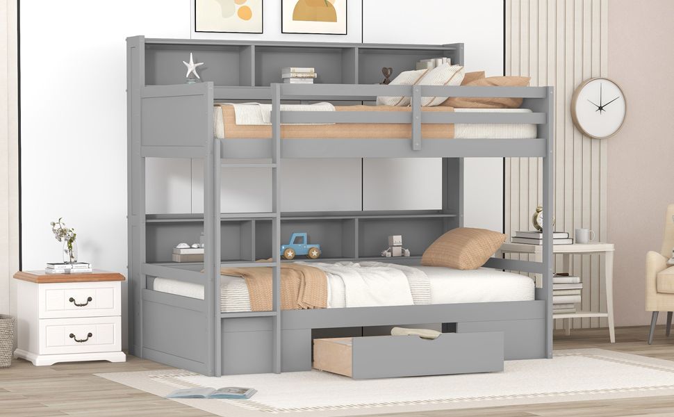 Twin Size Bunk Bed with Built-in Shelves Beside both Upper and Down Bed and Storage Drawe