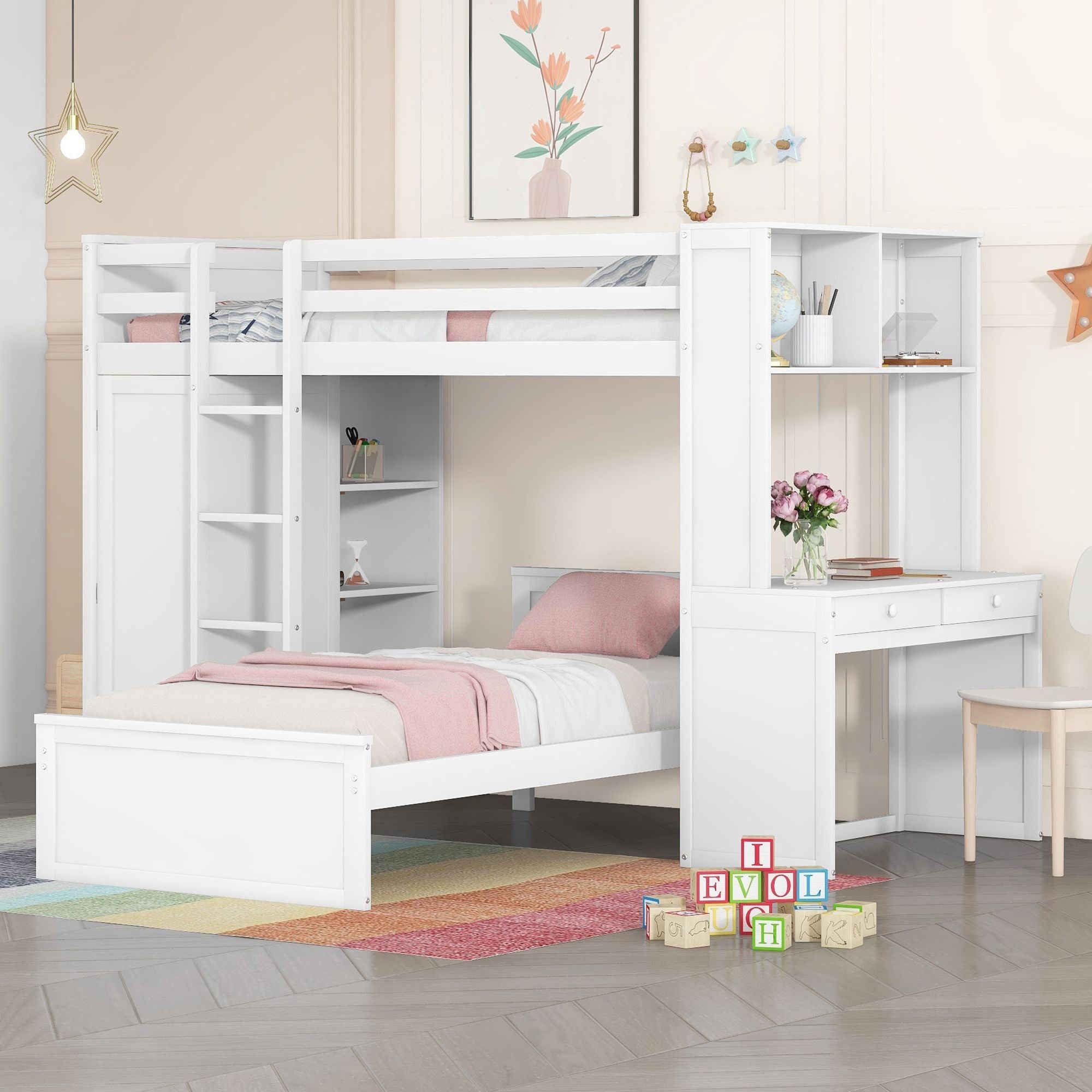 Twin size Loft Bed with a Stand-alone bed;  Shelves; Desk; and Wardrobe