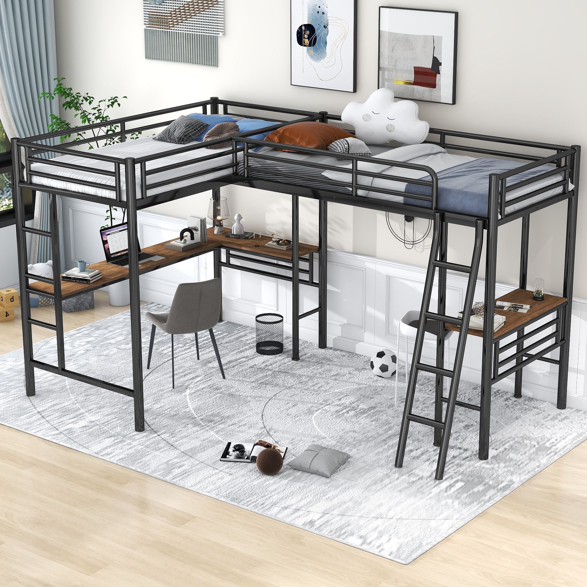 Twin Size Metal Loft Bed with Two Built-in Desks