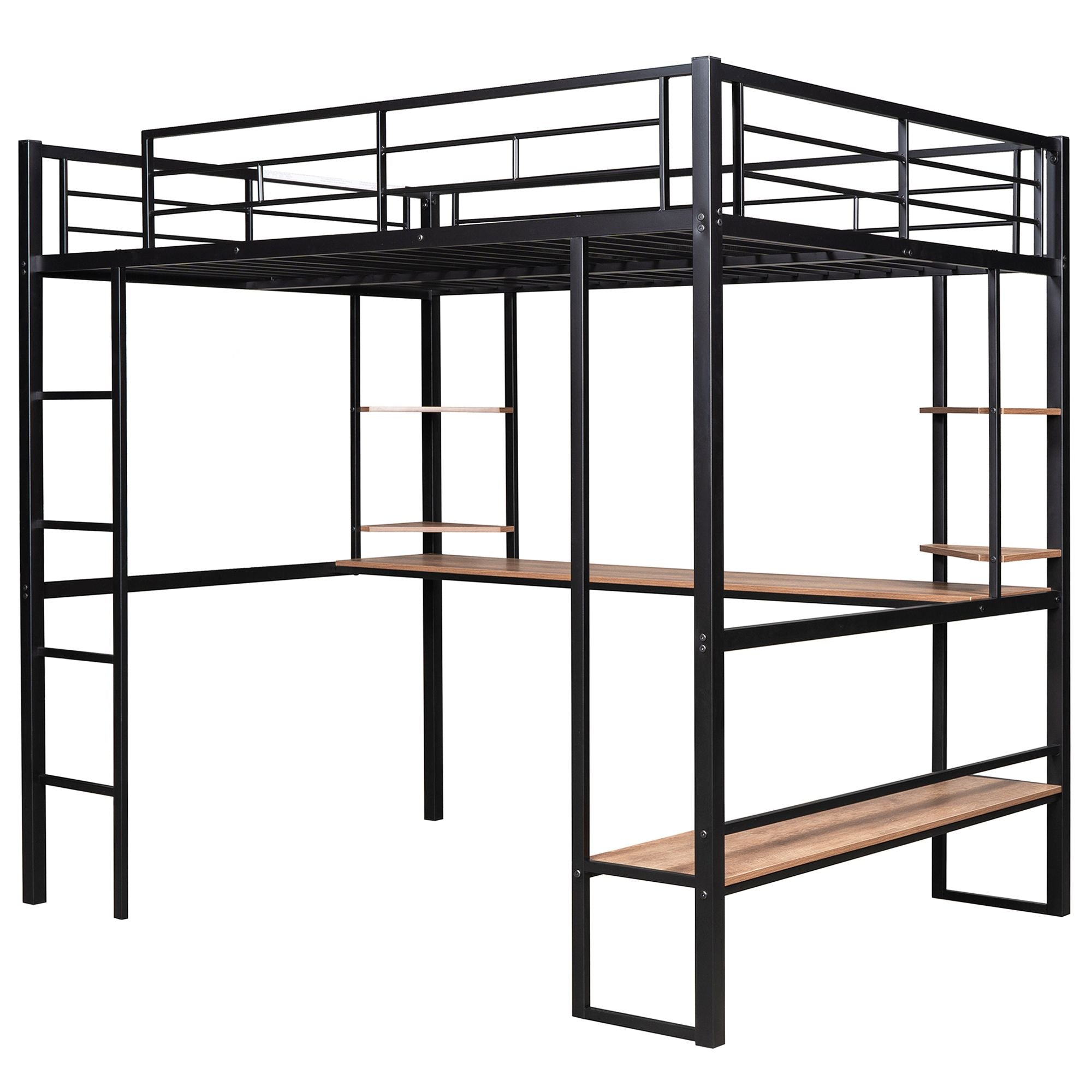 Full Size Loft Metal&MDF Bed with Long Desk and Shelves; Black