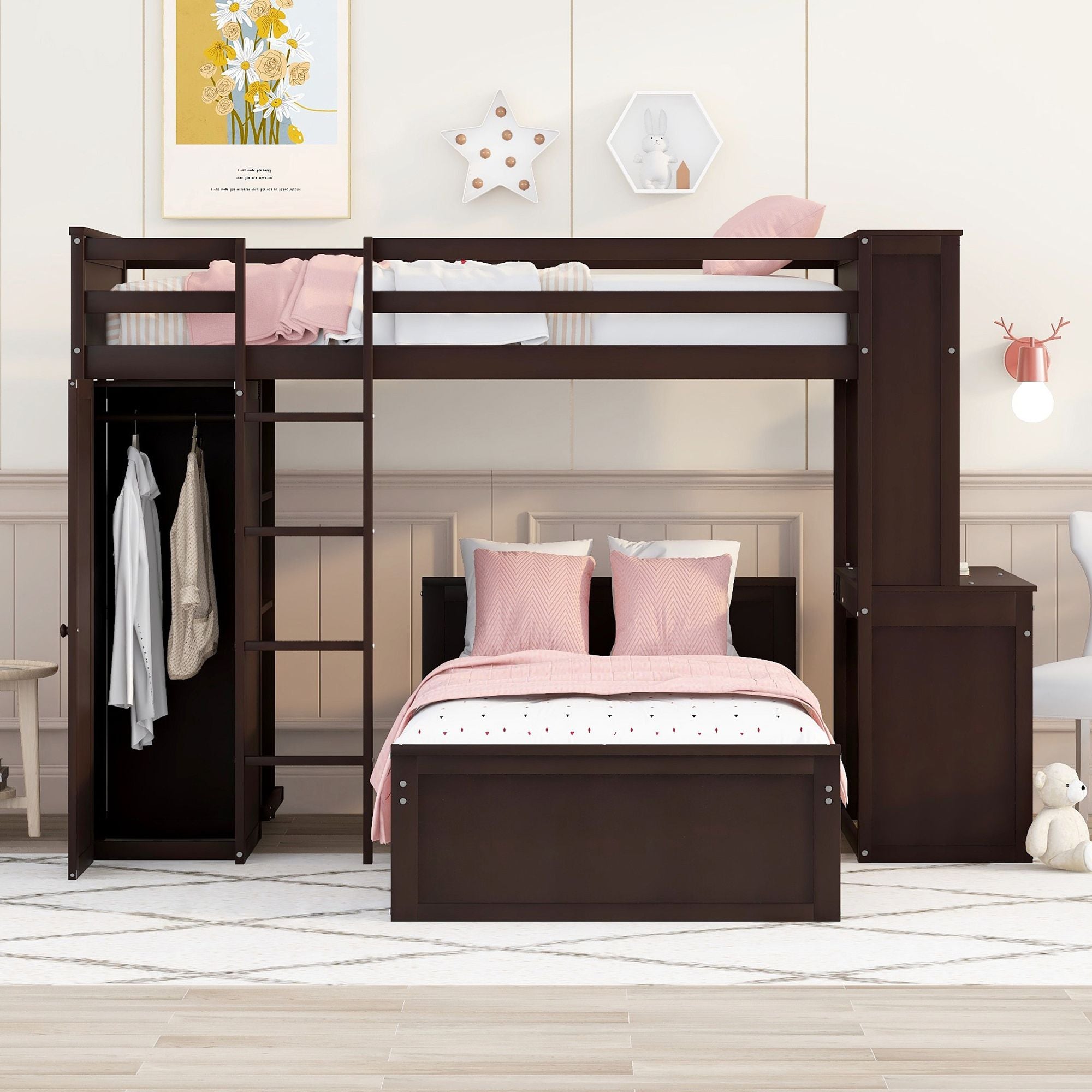 Twin size Loft Bed with a Stand-alone bed;  Shelves; Desk; and Wardrobe