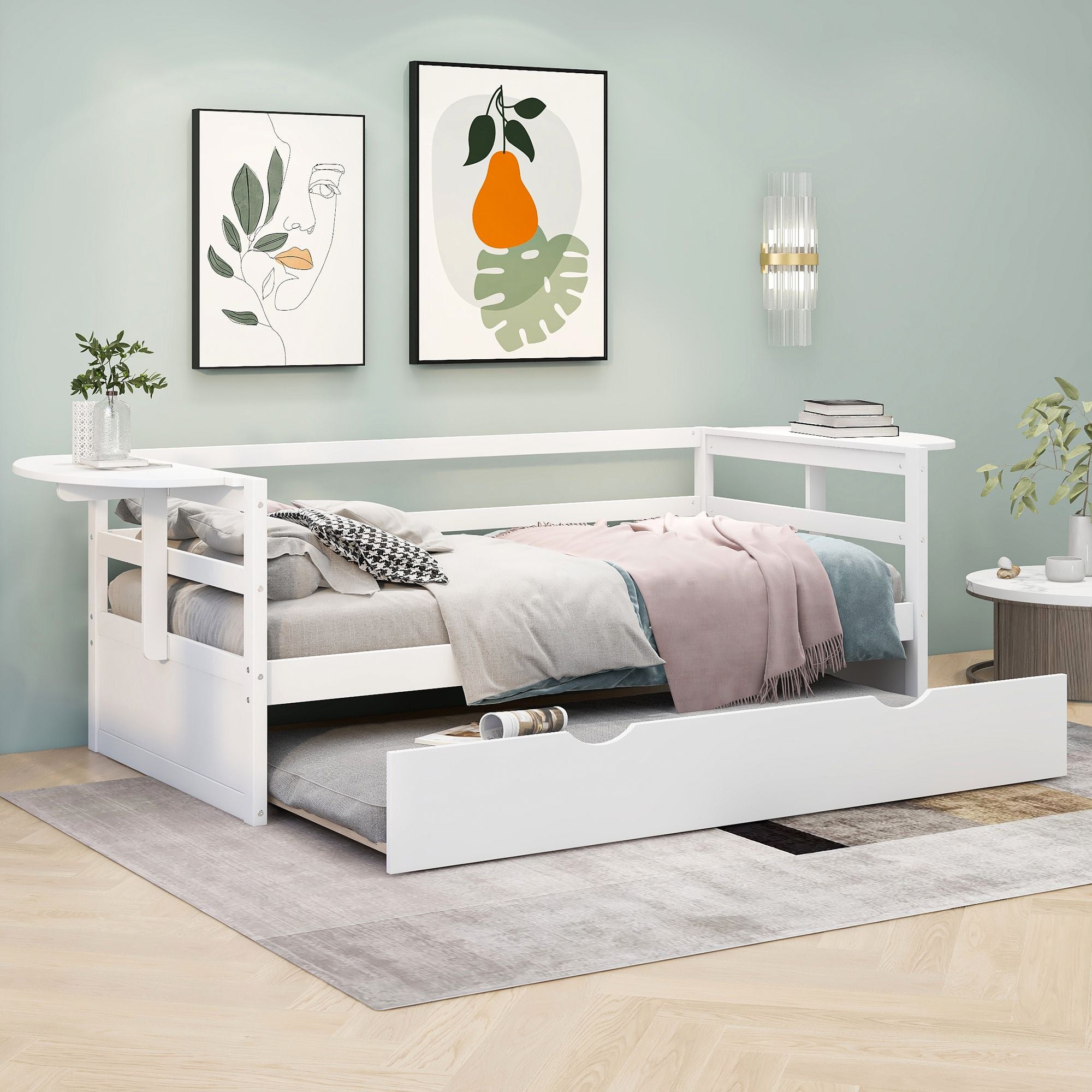 Twin Size Daybed with Trundle and Foldable Shelves on Both Sides