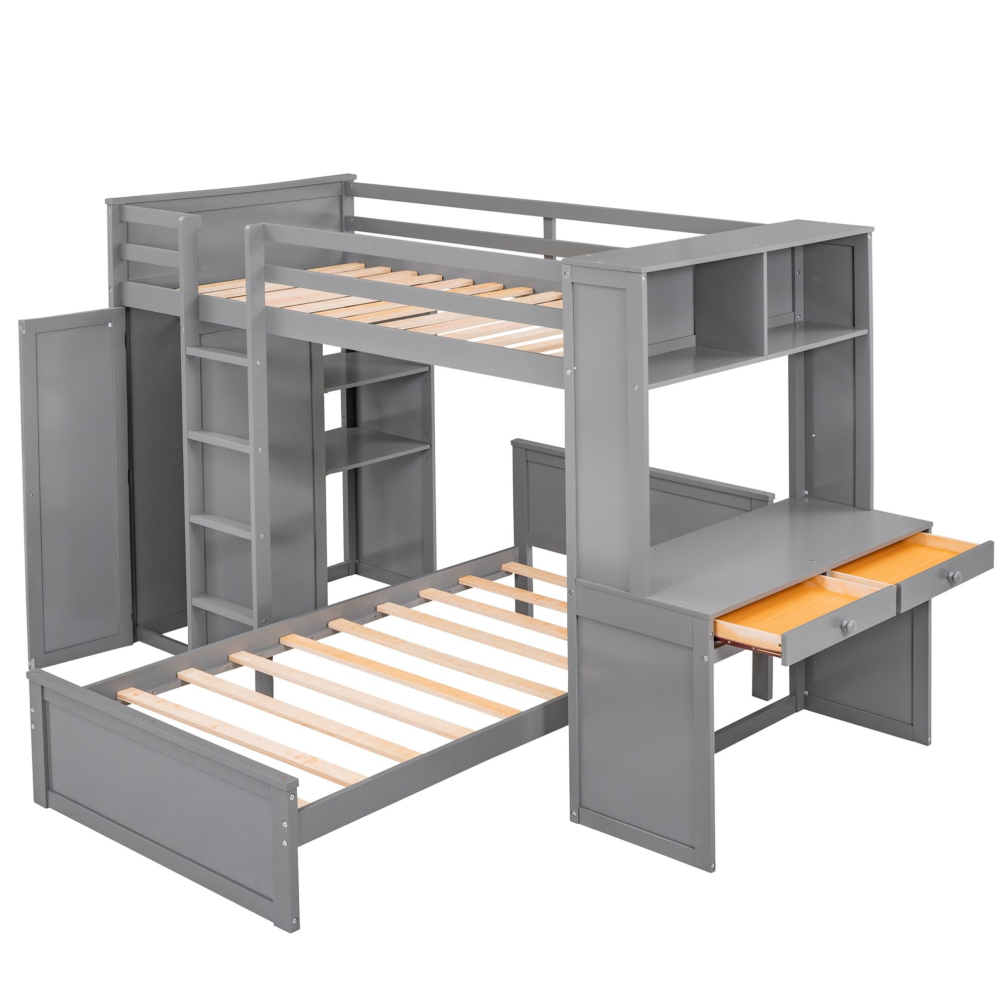 Twin size Loft Bed with a Stand-alone bed;  Shelves; Desk; and Wardrobe