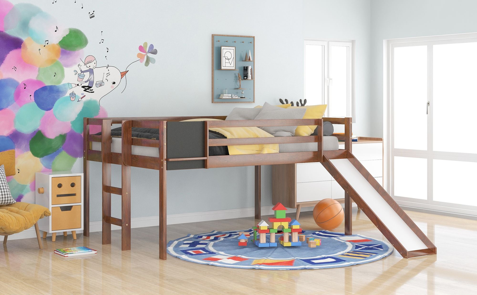 Full size Loft Bed Wood Bed with Slide;  Stair and Chalkboard