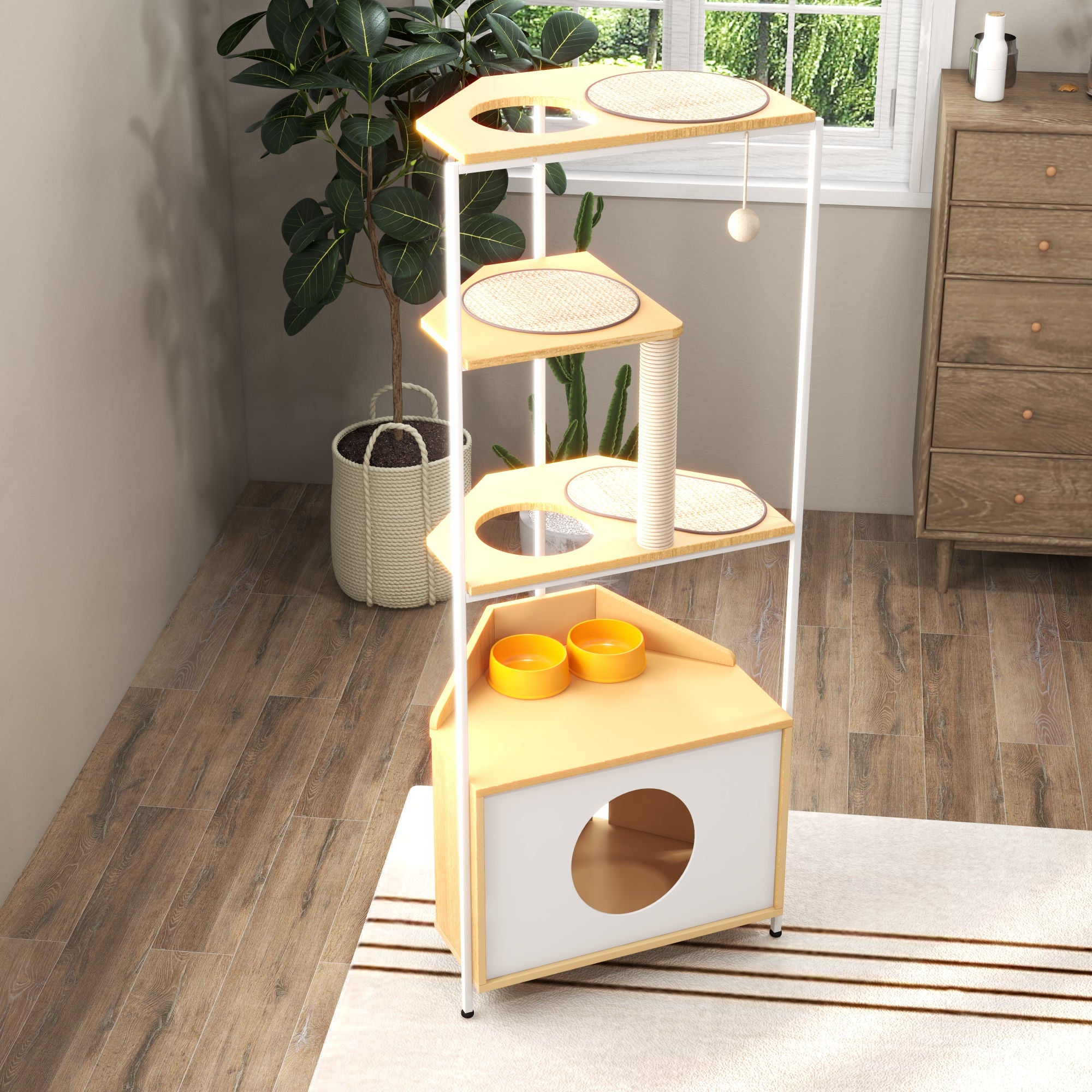 Corner Cat Tower, Cat Tree with Scratching Post, Multi-Level Cat Condo with Feeding Station and Climbing Platforms, Durable Pet Furniture for Indoor Cats