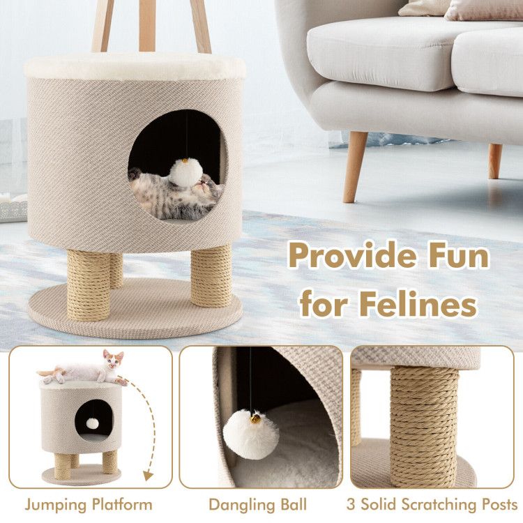 3-in-1 Cat Condo Stool Kitty Bed with Scratching Posts and Plush Ball Toy