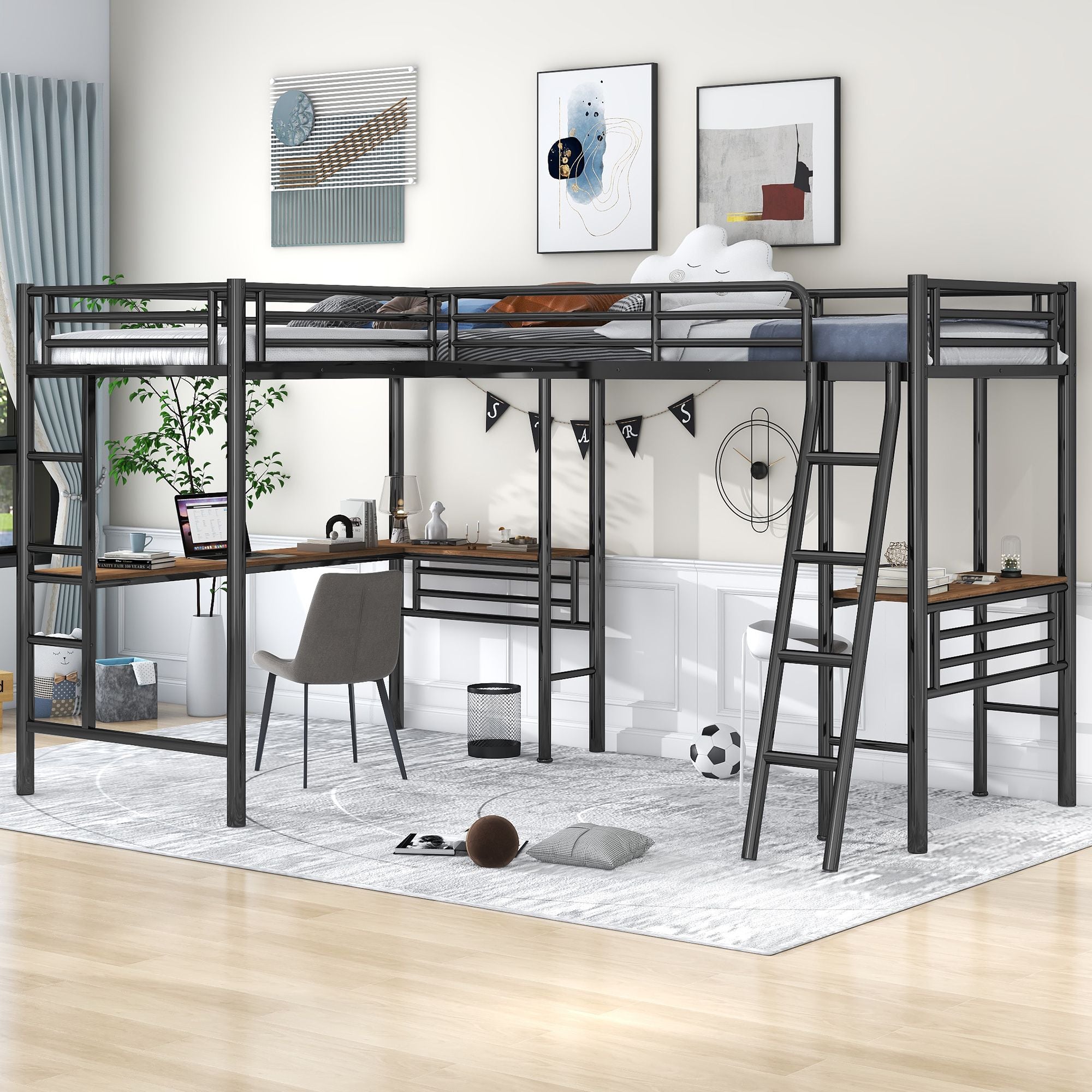 Twin Size Metal Loft Bed with Two Built-in Desks