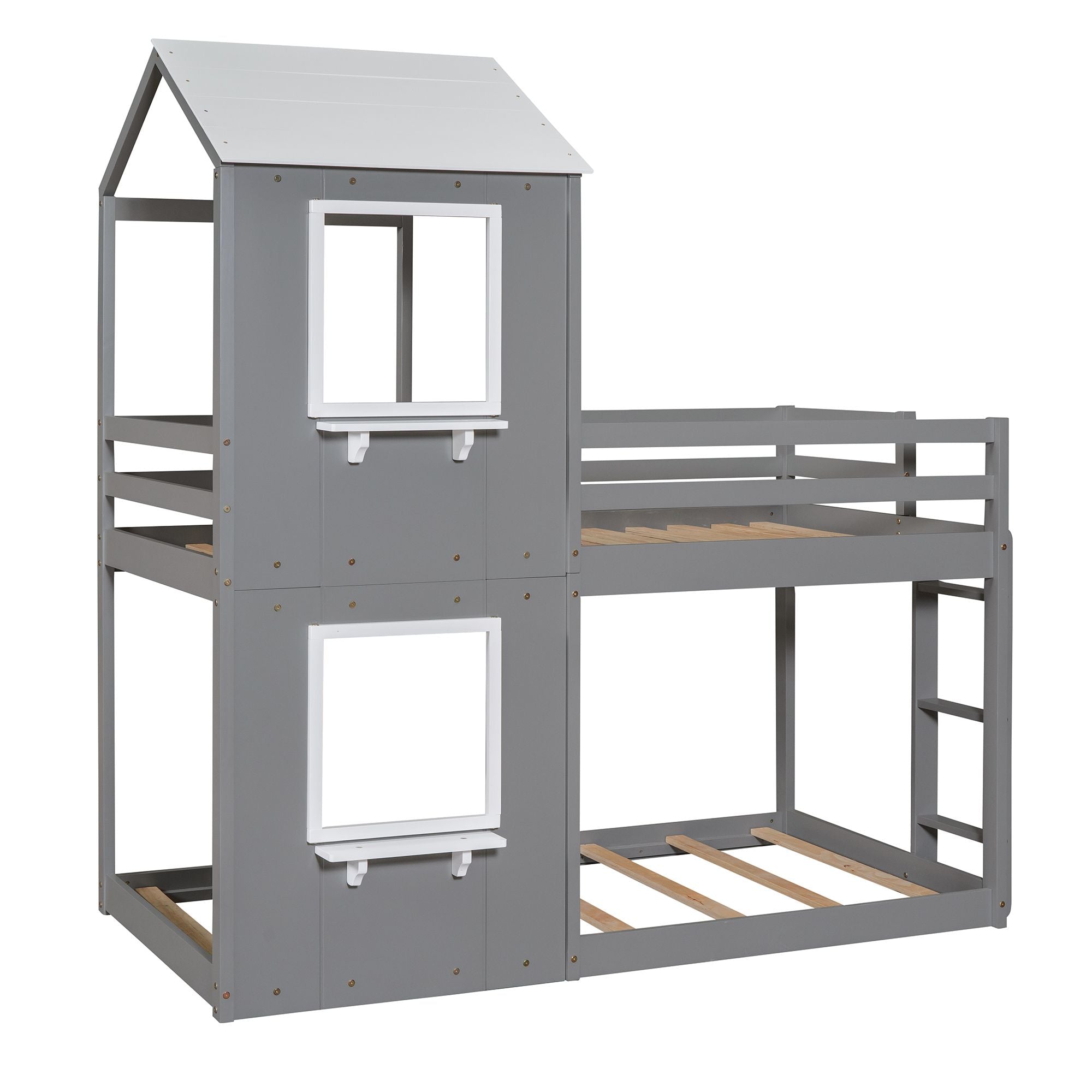 Twin Over Twin Bunk Bed Wood Bed with Roof;  Window;  Guardrail;  Ladder