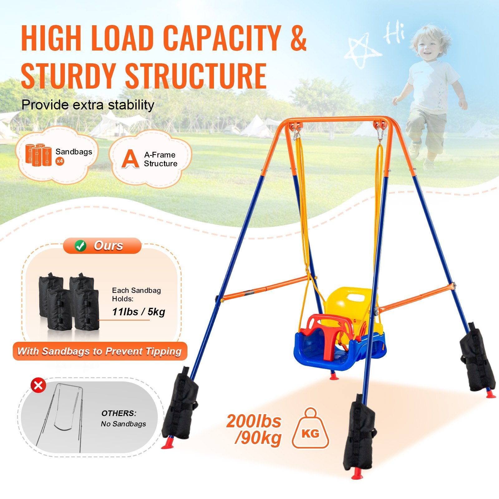 3-in-1 Toddler Swing Set with 4 Sandbags – Adjustable A-Frame Design for Kids Age 3-10, Foldable and Easy to Store