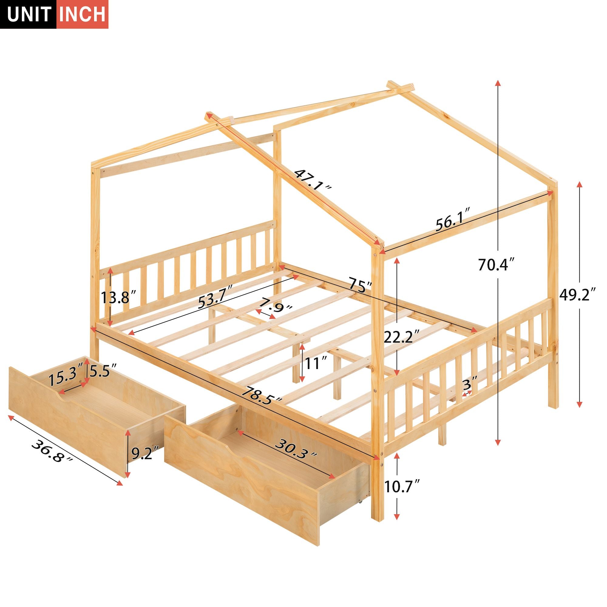 Full Size House Platform Bed with Two Drawers; Headboard and Footboard; Roof Design