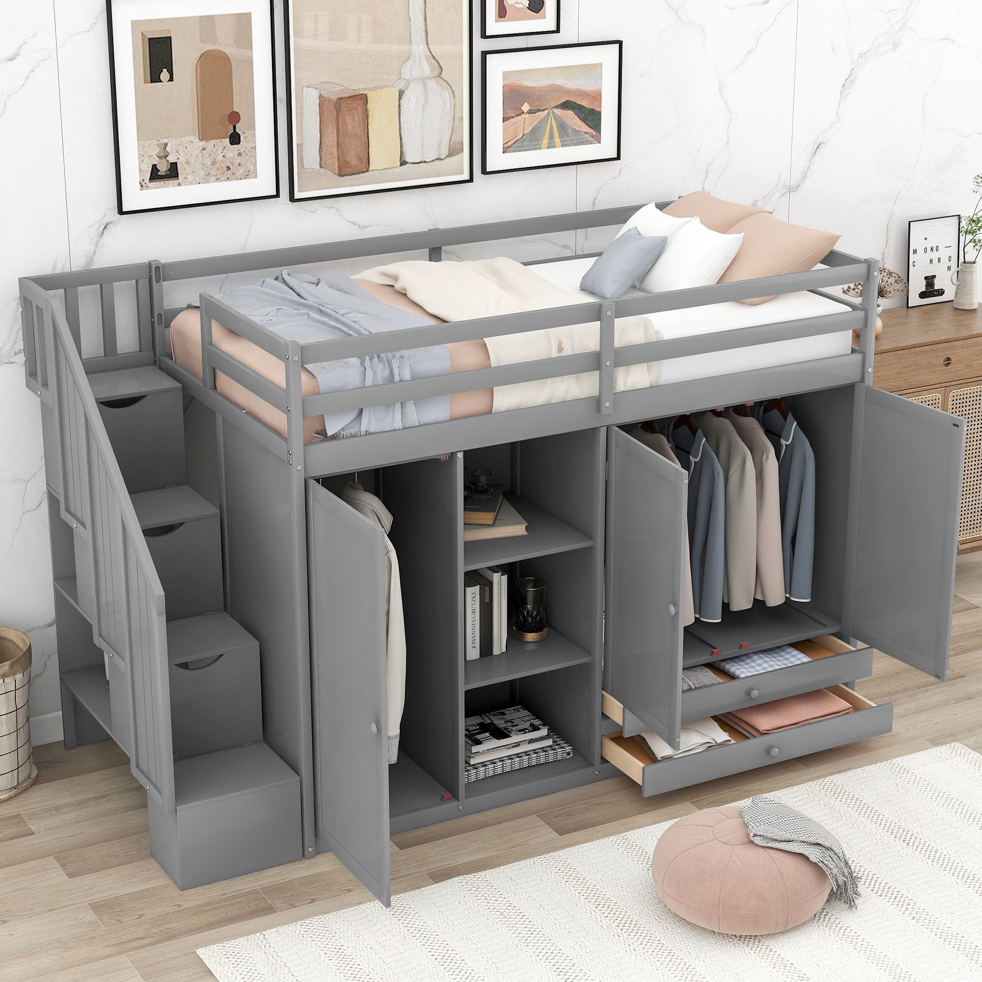 Functional Loft Bed with 3 Shelves;  2 Wardrobes and 2 Drawers;  Ladder with Storage;  No Box Spring Needed