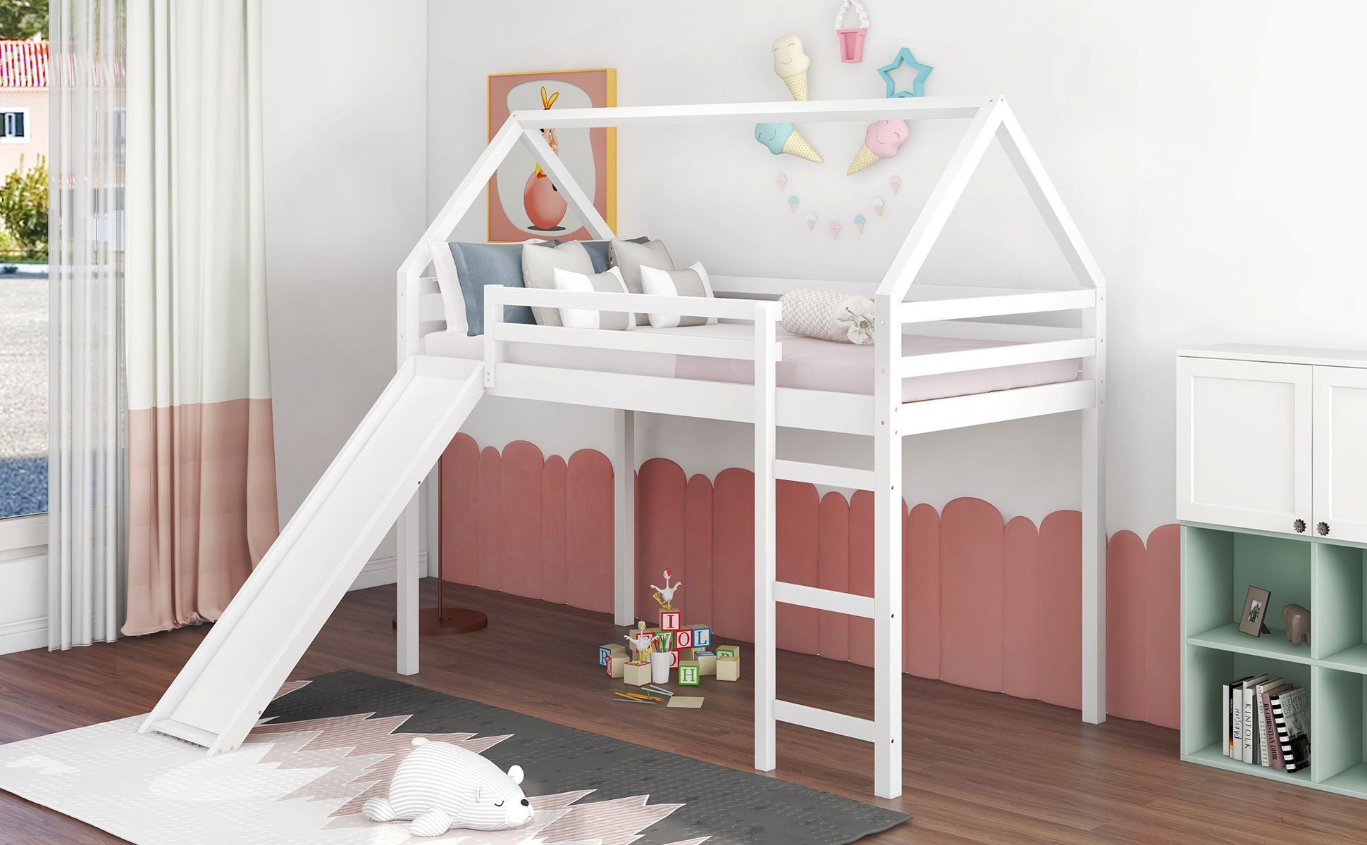 Twin Size Loft Bed with Slide;  House Bed with Slide