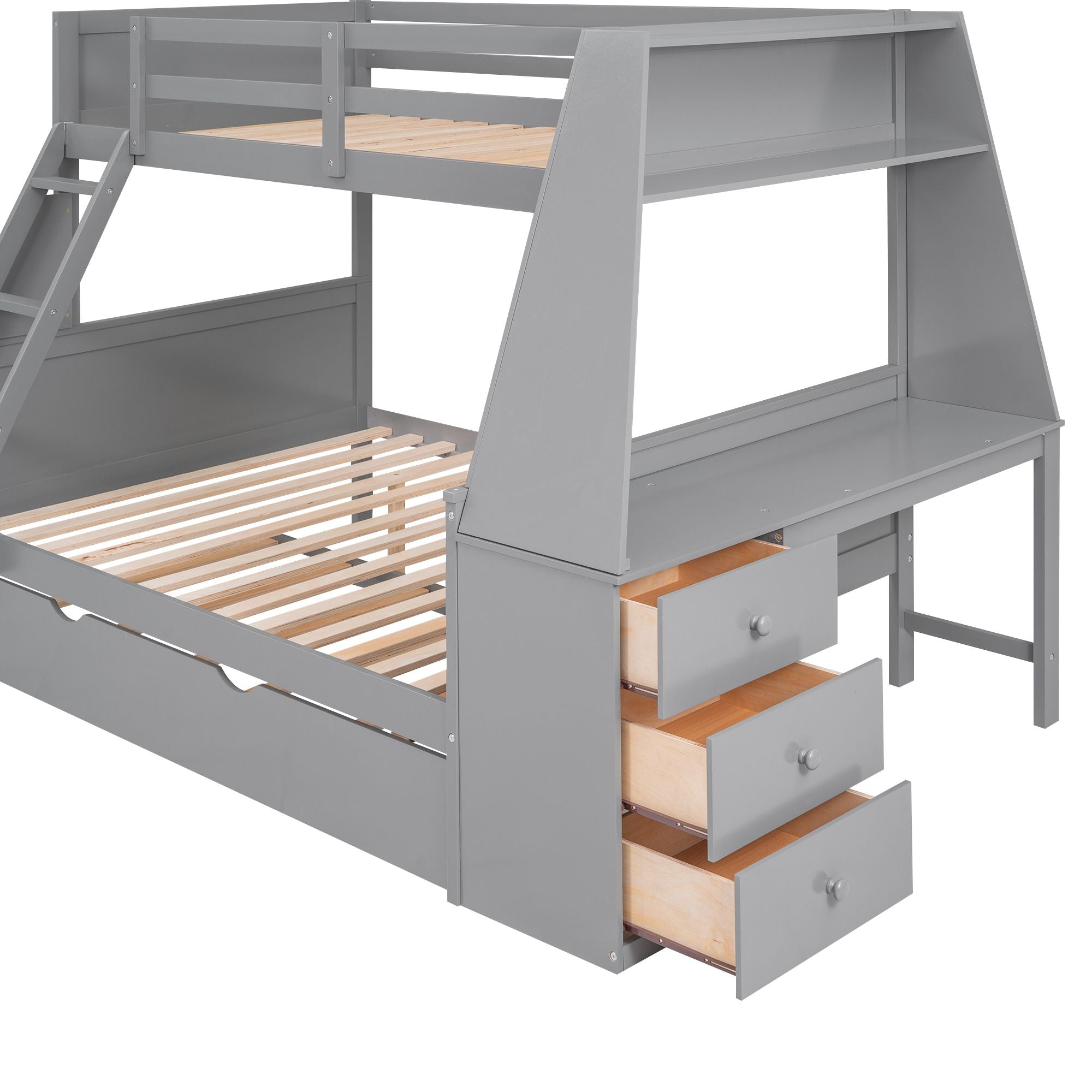 Twin over Full Bunk Bed with Trundle and Built-in Desk;  Three Storage Drawers and Shelf