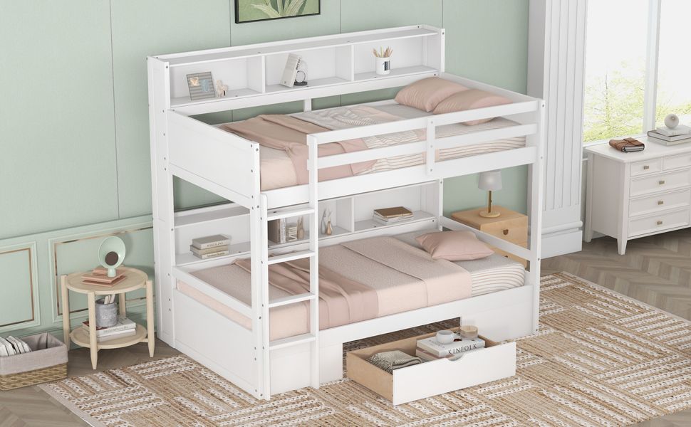 Twin Size Bunk Bed with Built-in Shelves Beside both Upper and Down Bed and Storage Drawe