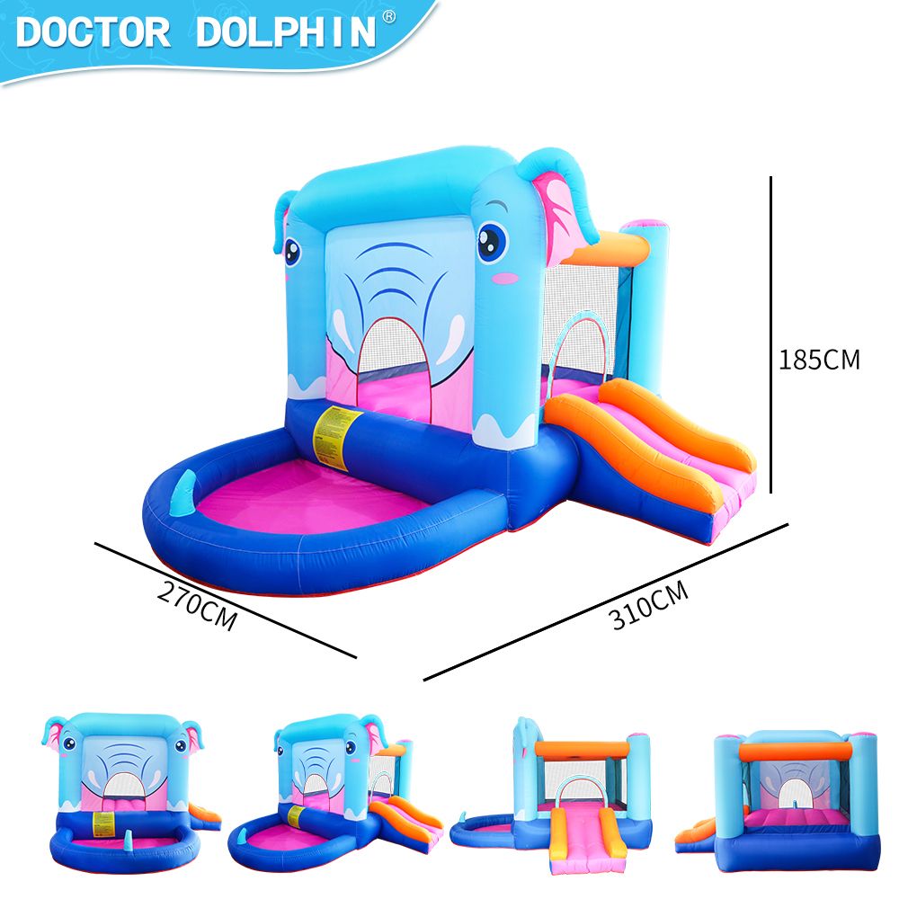 Elephant Inflatable Castle Blue Bounce House w/ Slide Ball Pool and 350W Blower