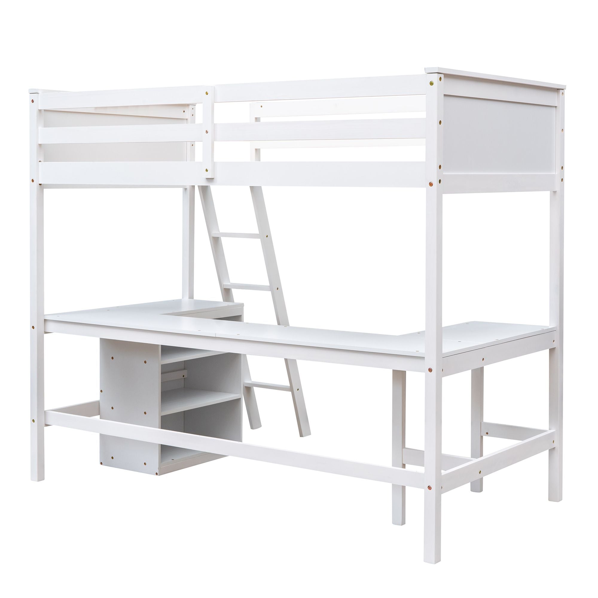 Twin size Loft Bed with Shelves and Desk;  Wooden Loft Bed with Desk