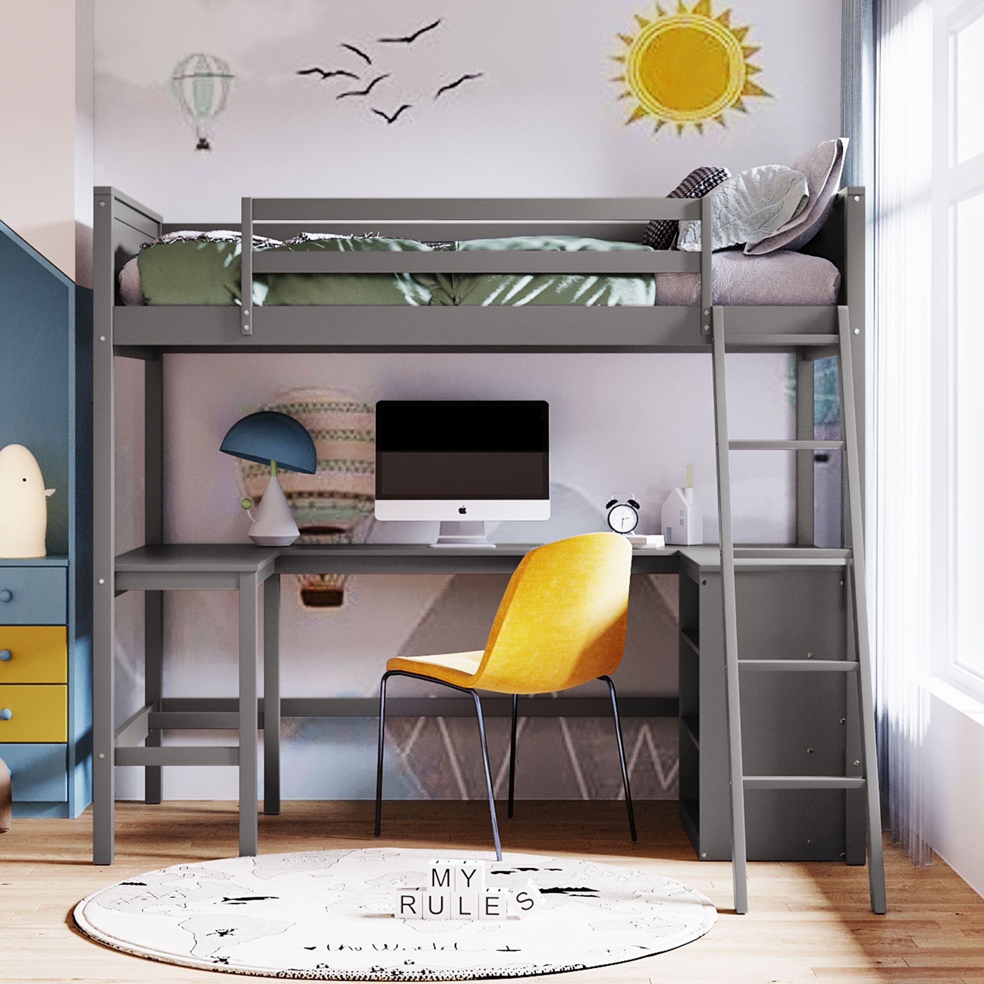 Twin size Loft Bed with Shelves and Desk;  Wooden Loft Bed with Desk