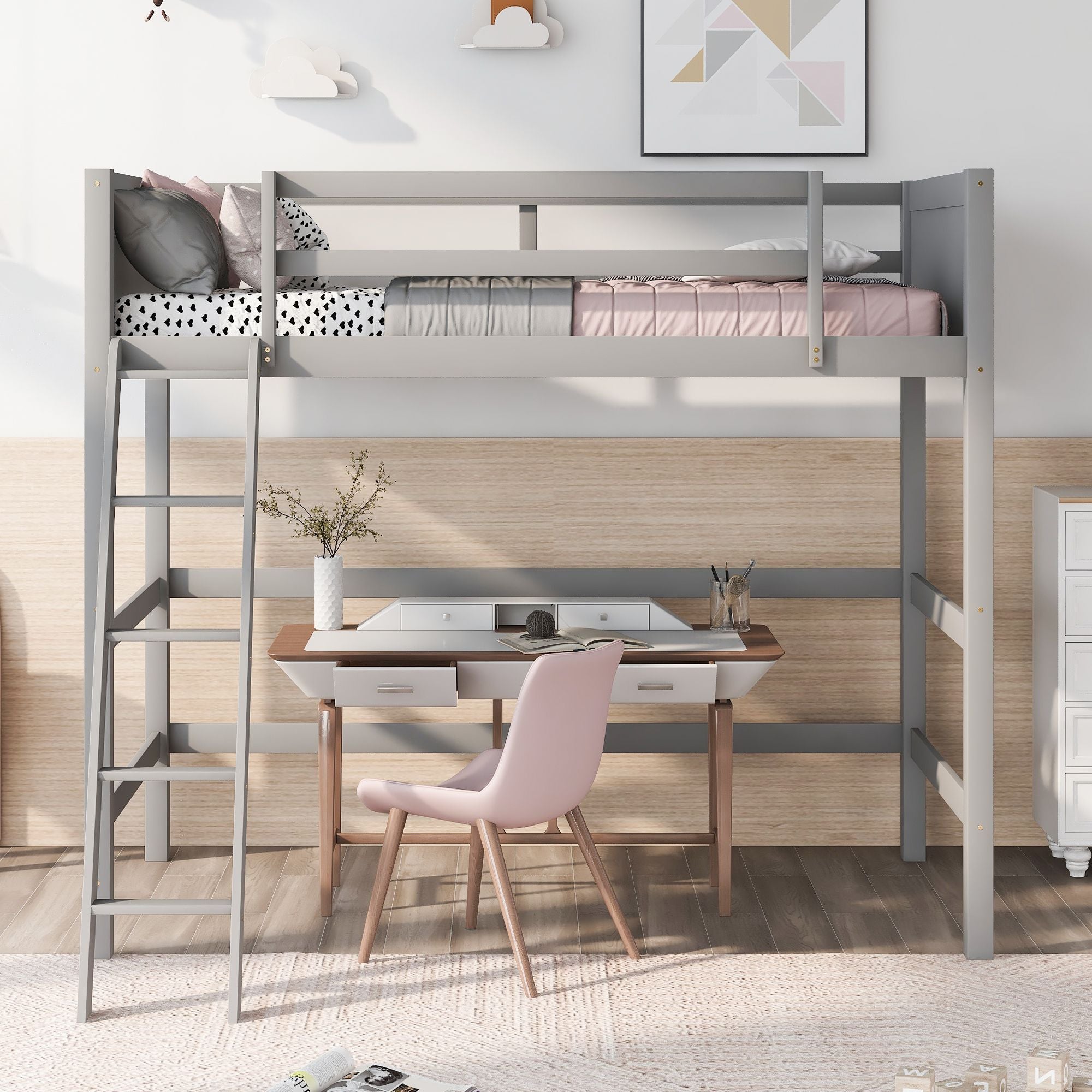 Solid Wood Twin Size Loft Bed with Ladde