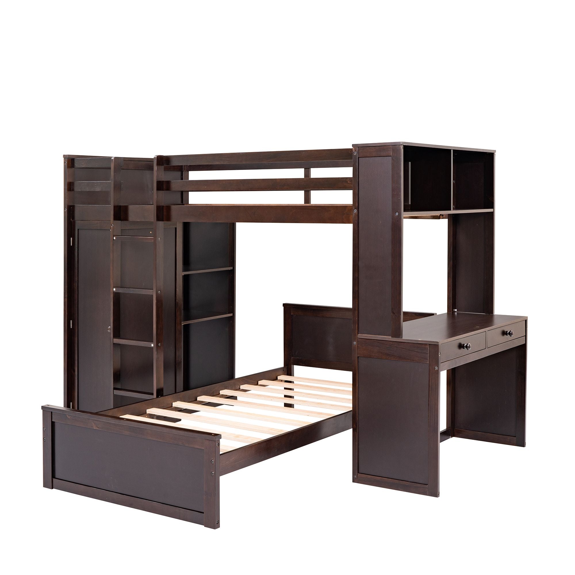 Twin size Loft Bed with a Stand-alone bed;  Shelves; Desk; and Wardrobe