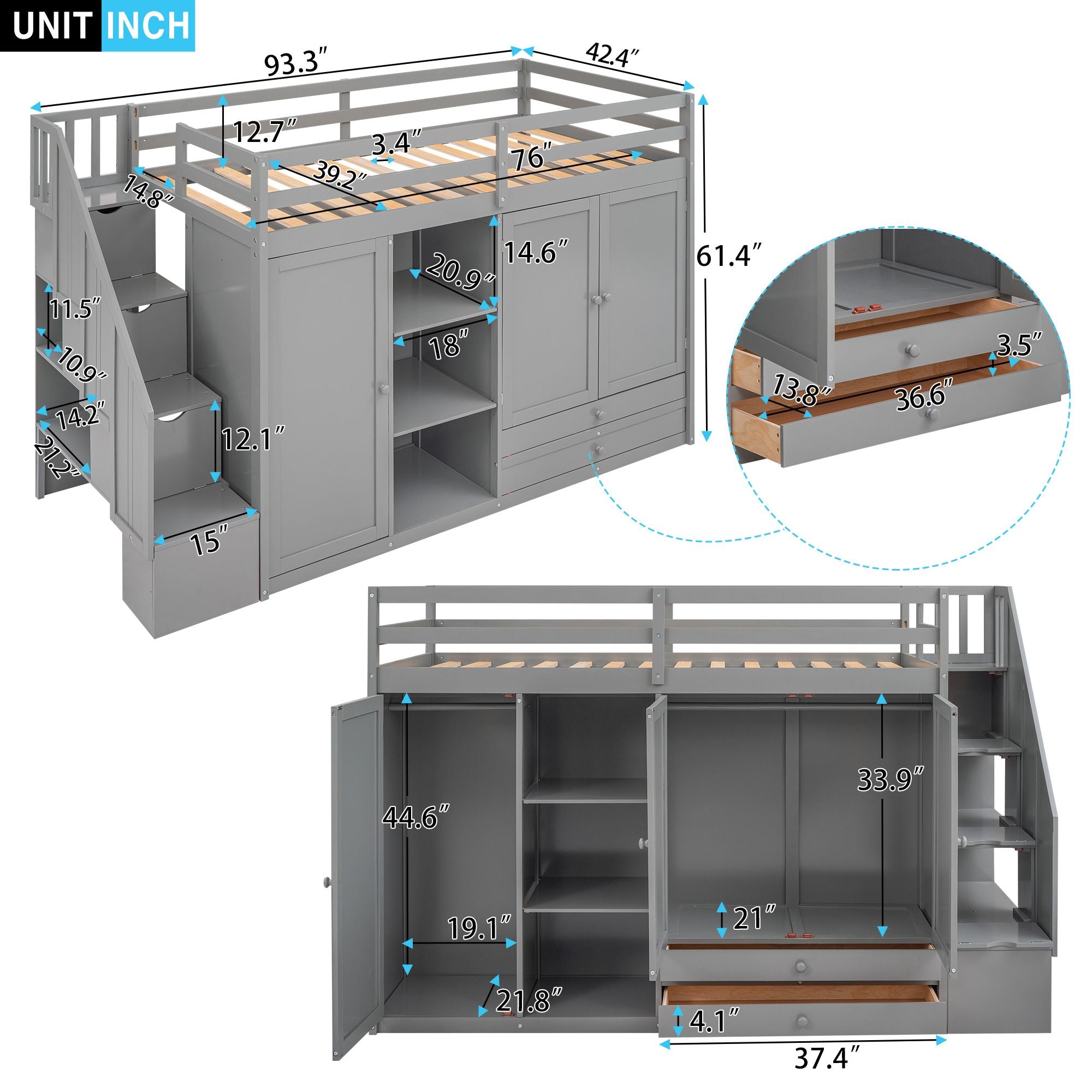 Functional Loft Bed with 3 Shelves;  2 Wardrobes and 2 Drawers;  Ladder with Storage;  No Box Spring Needed