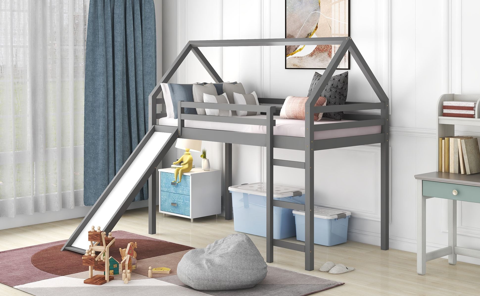 Twin Size Loft Bed with Slide;  House Bed with Slide