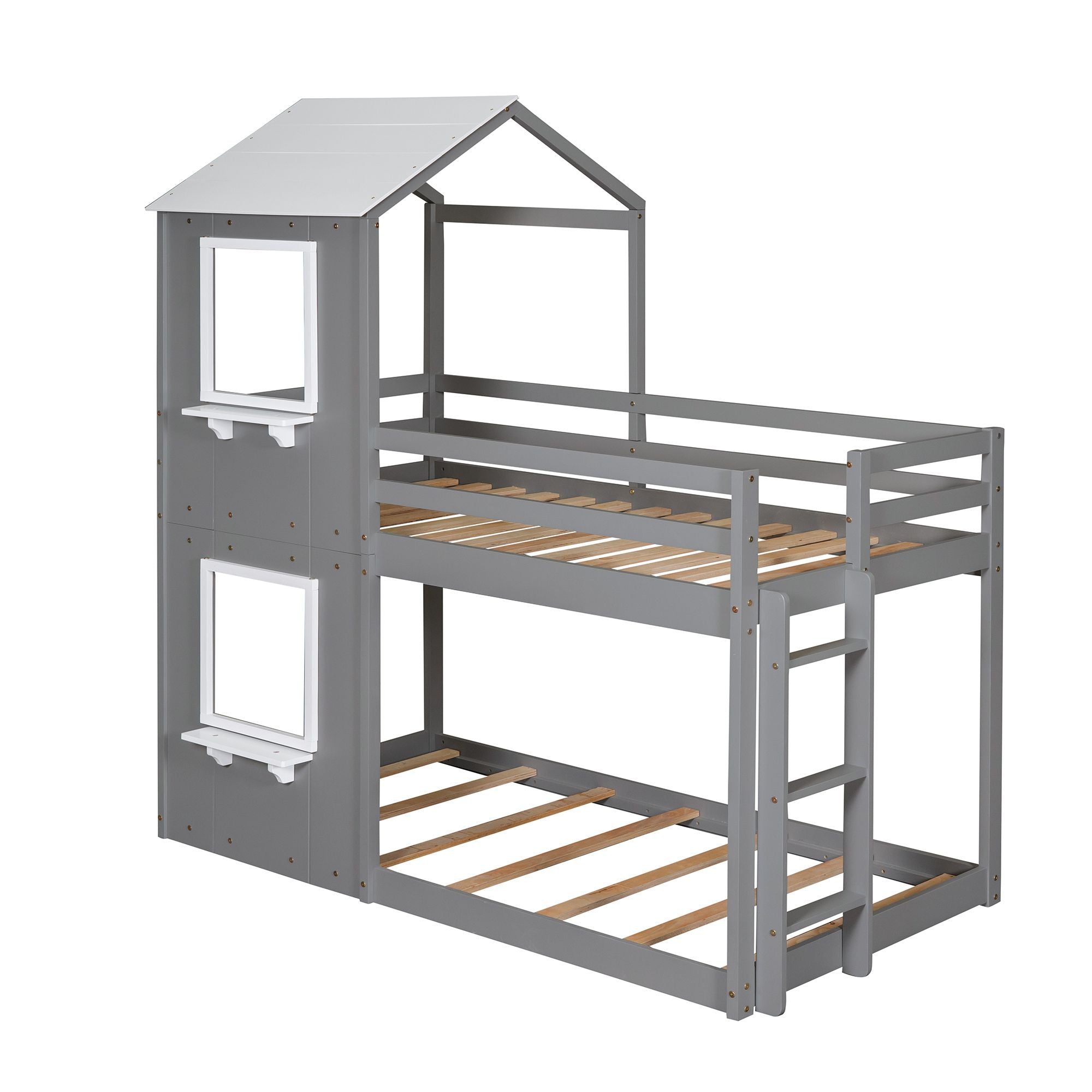 Twin Over Twin Bunk Bed Wood Bed with Roof;  Window;  Guardrail;  Ladder