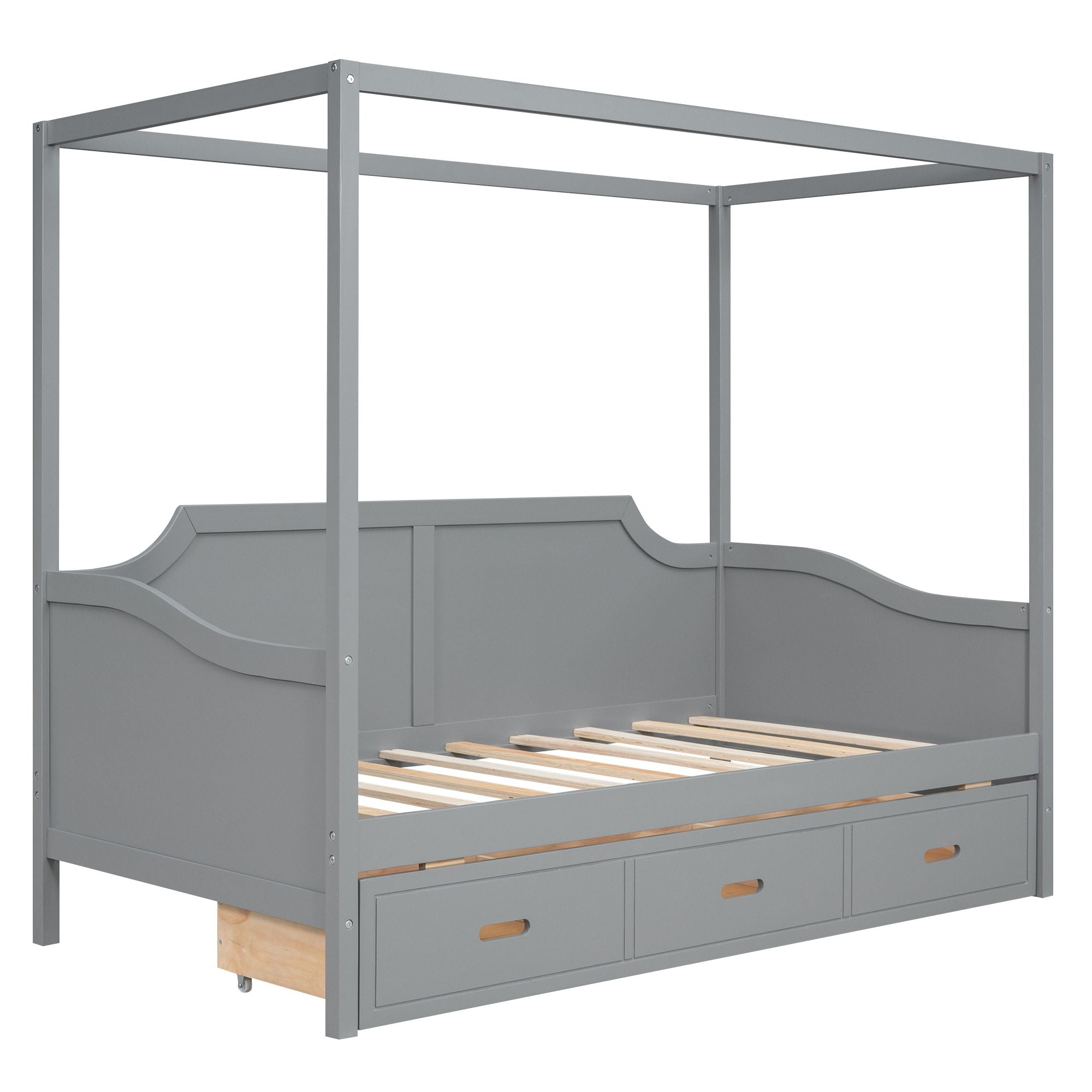 Twin Size Wooden Canopy Daybed with 3 in 1 Storage Drawers