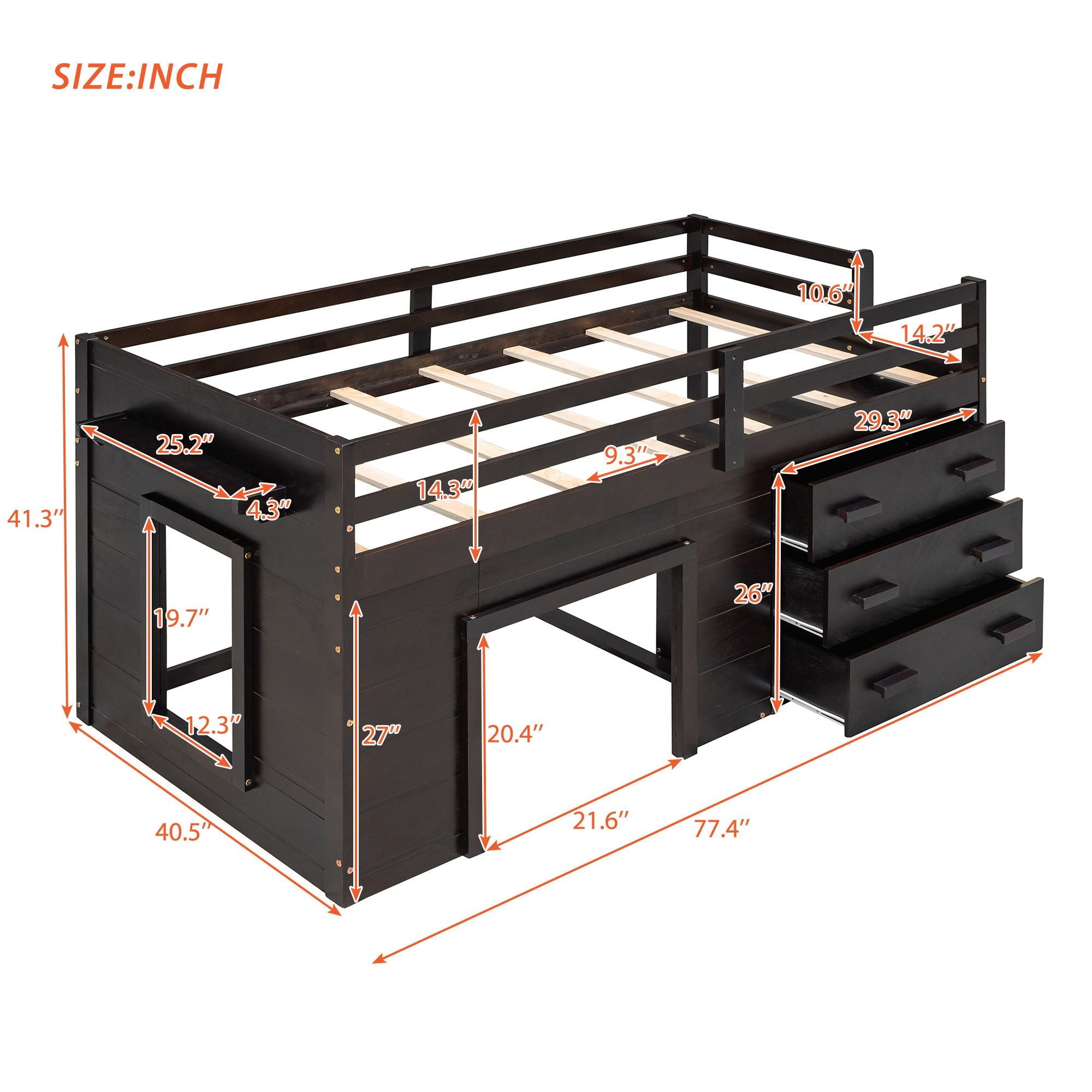 Twin Size Loft Bed with Cabinet and Shelf